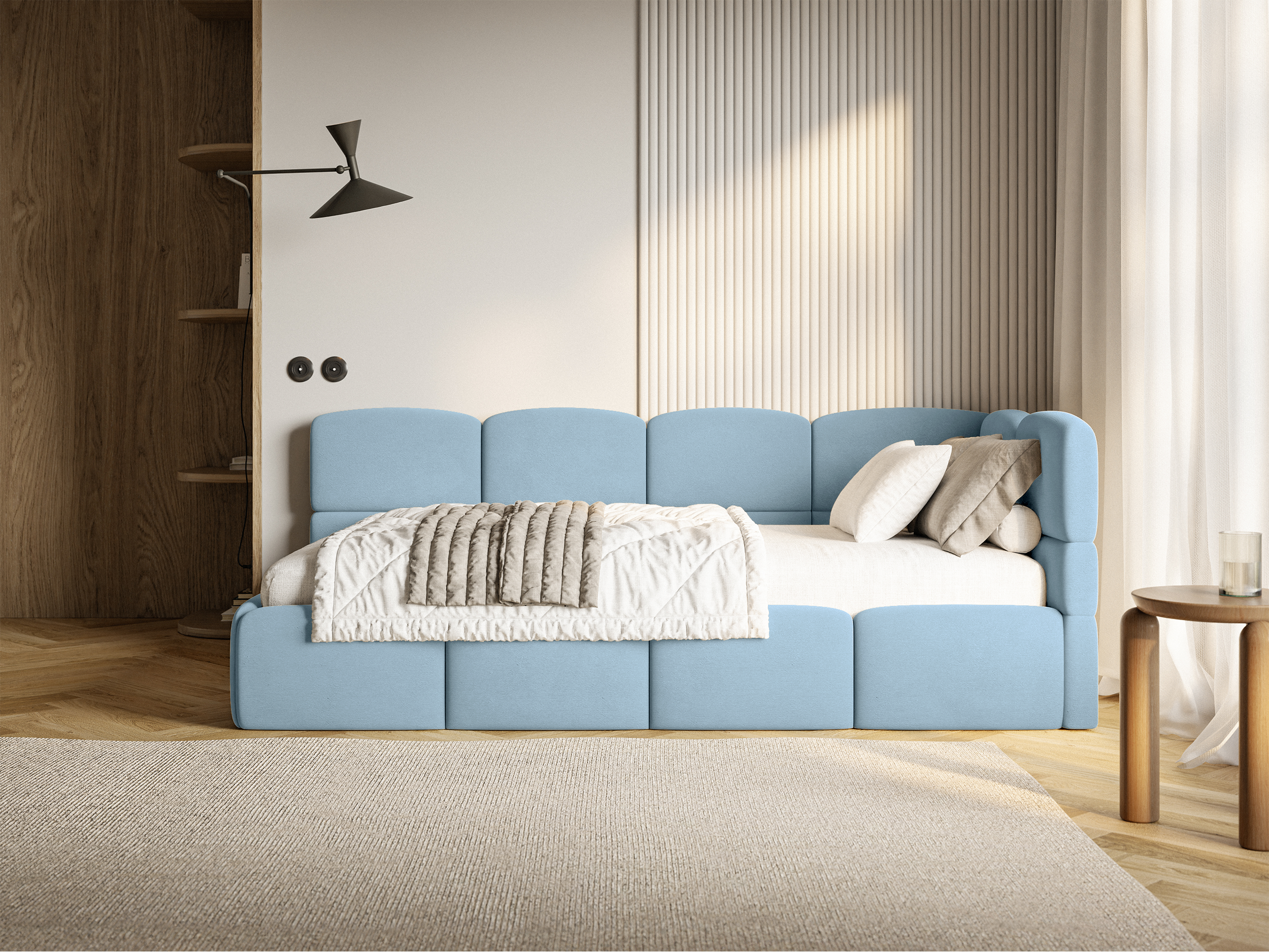 Jugendbett 90x200 cm Cloudy rechtsseitig mit Matratze und Stauraum, hellblauer Velours, wasserabweisend und leicht zu reinigen