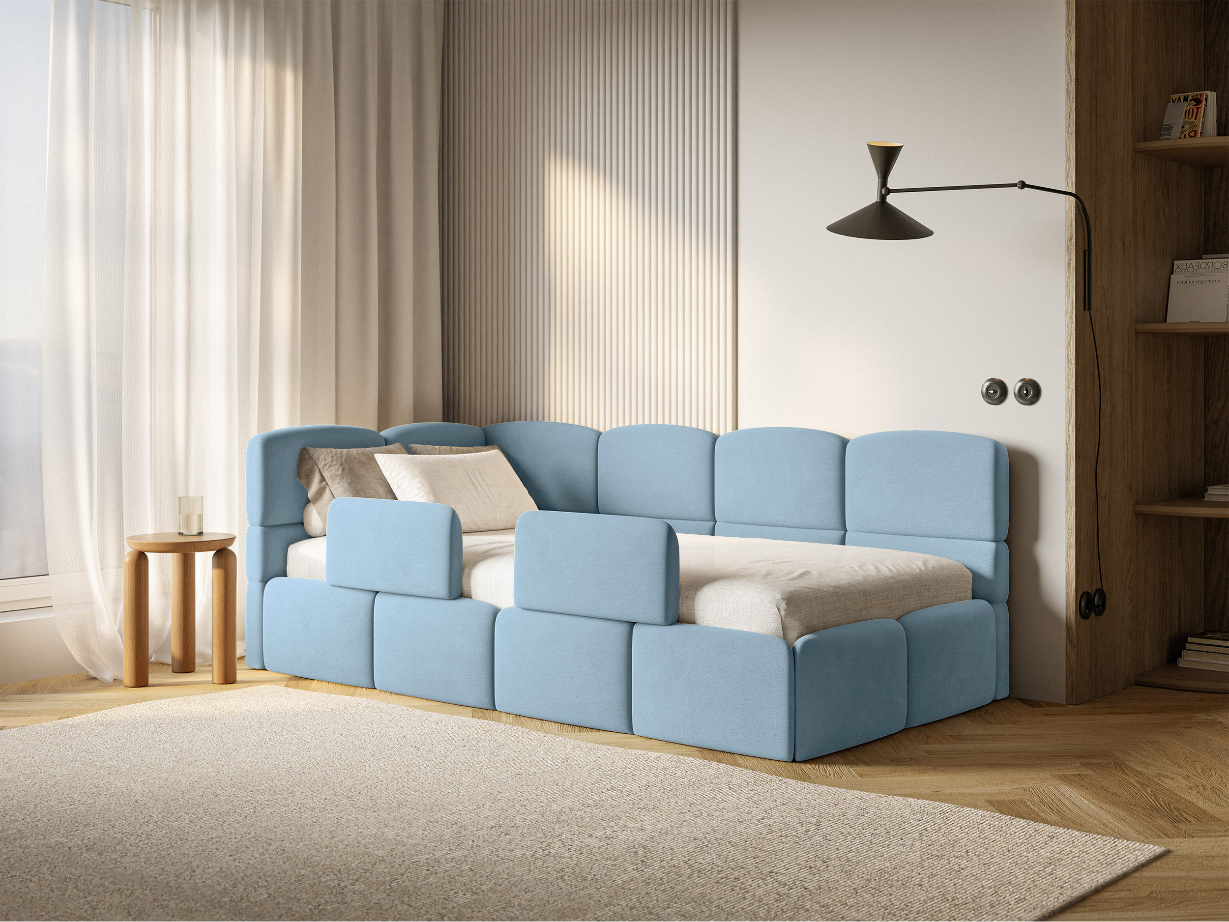 Jugendbett 90x200 cm Cloudy, linksseitig, mit Matratze, Stauraum und Schutzgittern, hellblauer Velours, wasserabweisend und pflegeleicht