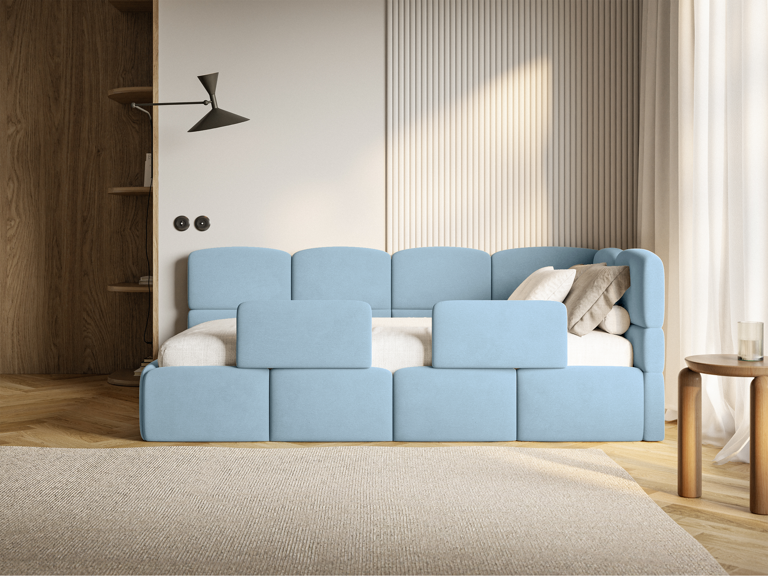 Jugendbett 90x200 cm Cloudy rechtsseitig mit Matratze, Stauraum und Geländern, hellblauer Veloursstoff, wasserabweisend und leicht zu reinigen