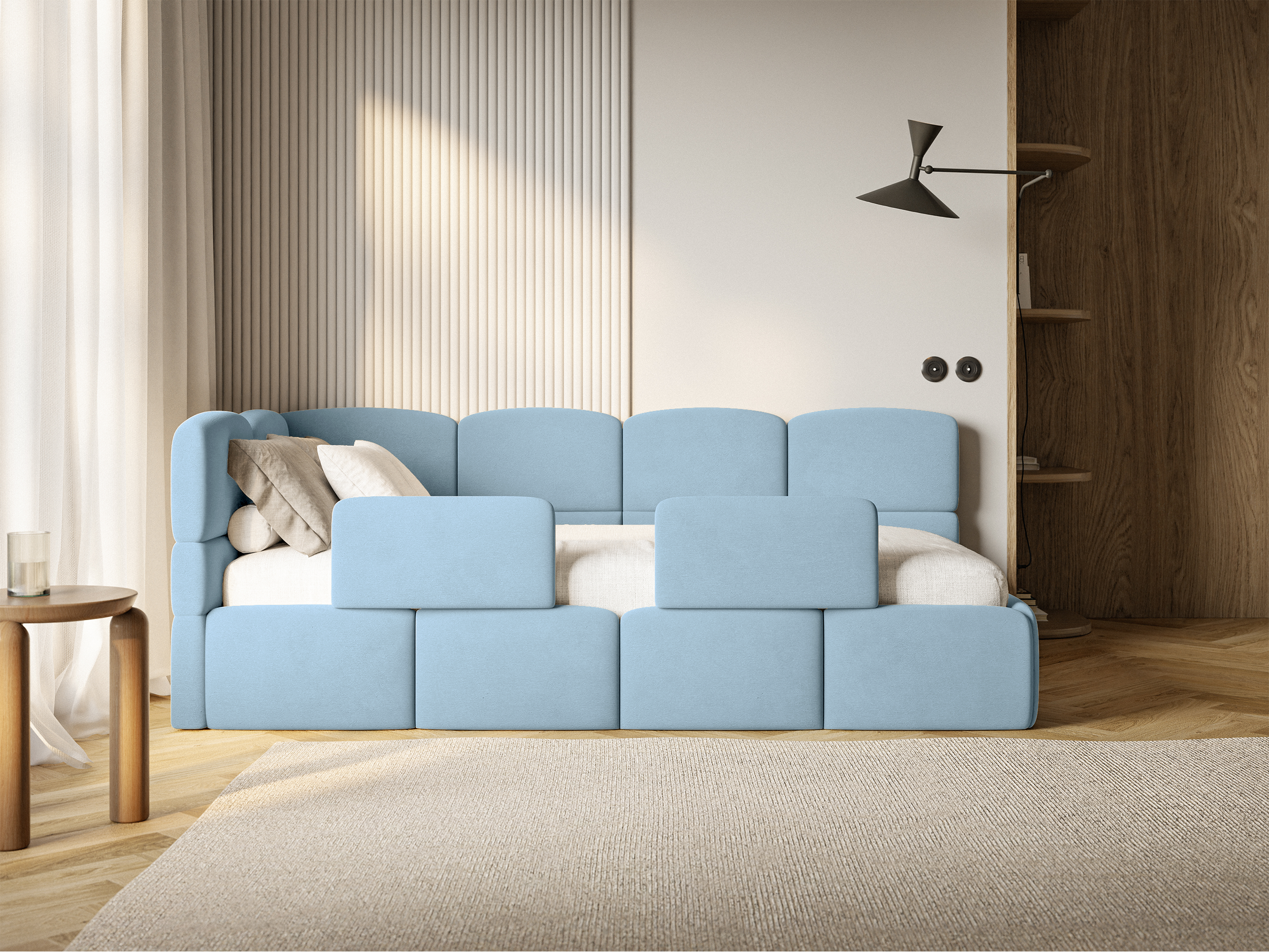 Jugendbett 90x200 cm Cloudy, linksseitig, mit Matratze, Stauraum und Schutzgittern, hellblauer Velours, wasserabweisend und pflegeleicht