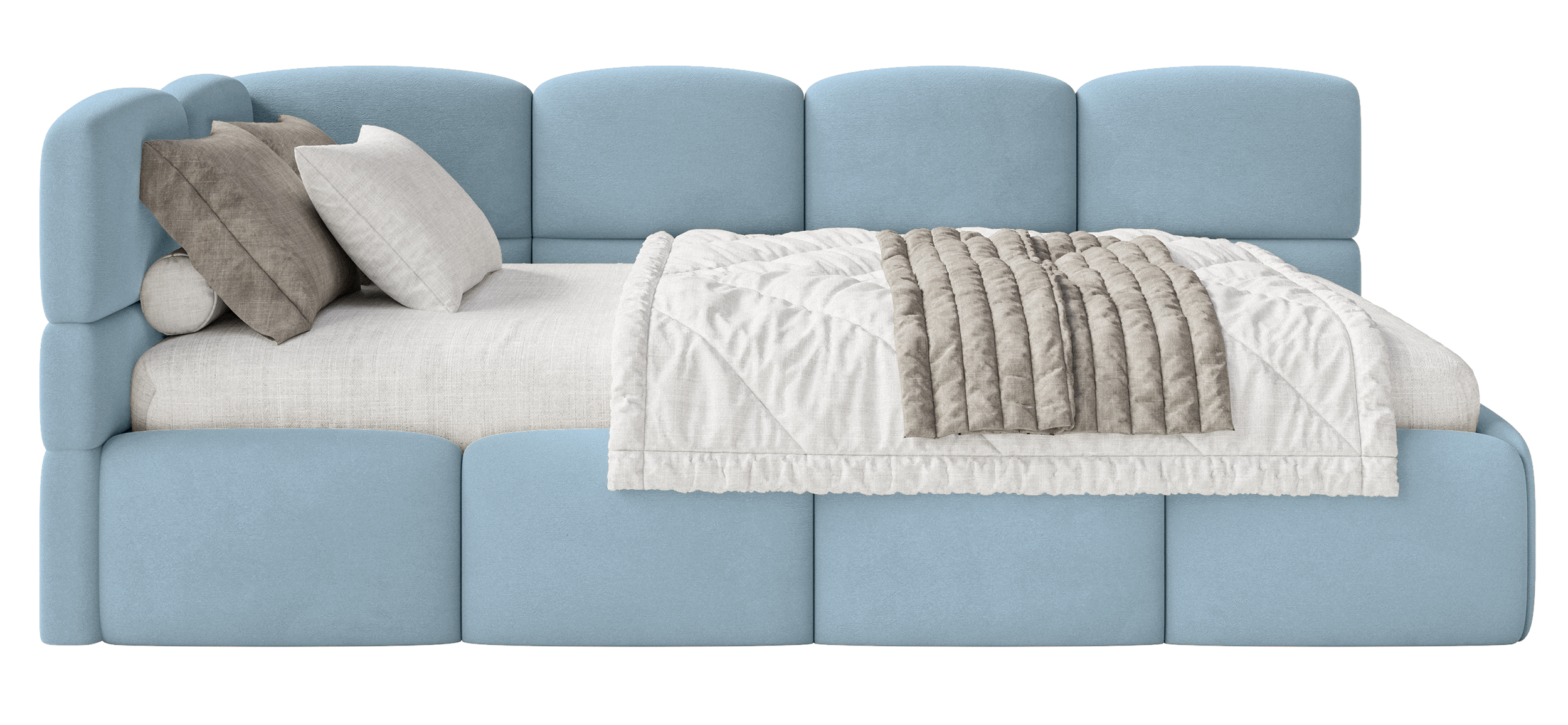 Jugendbett 90x200 cm Cloudy linksseitig mit Stauraum, hellblauer Veloursstoff, wasserabweisend und pflegeleicht