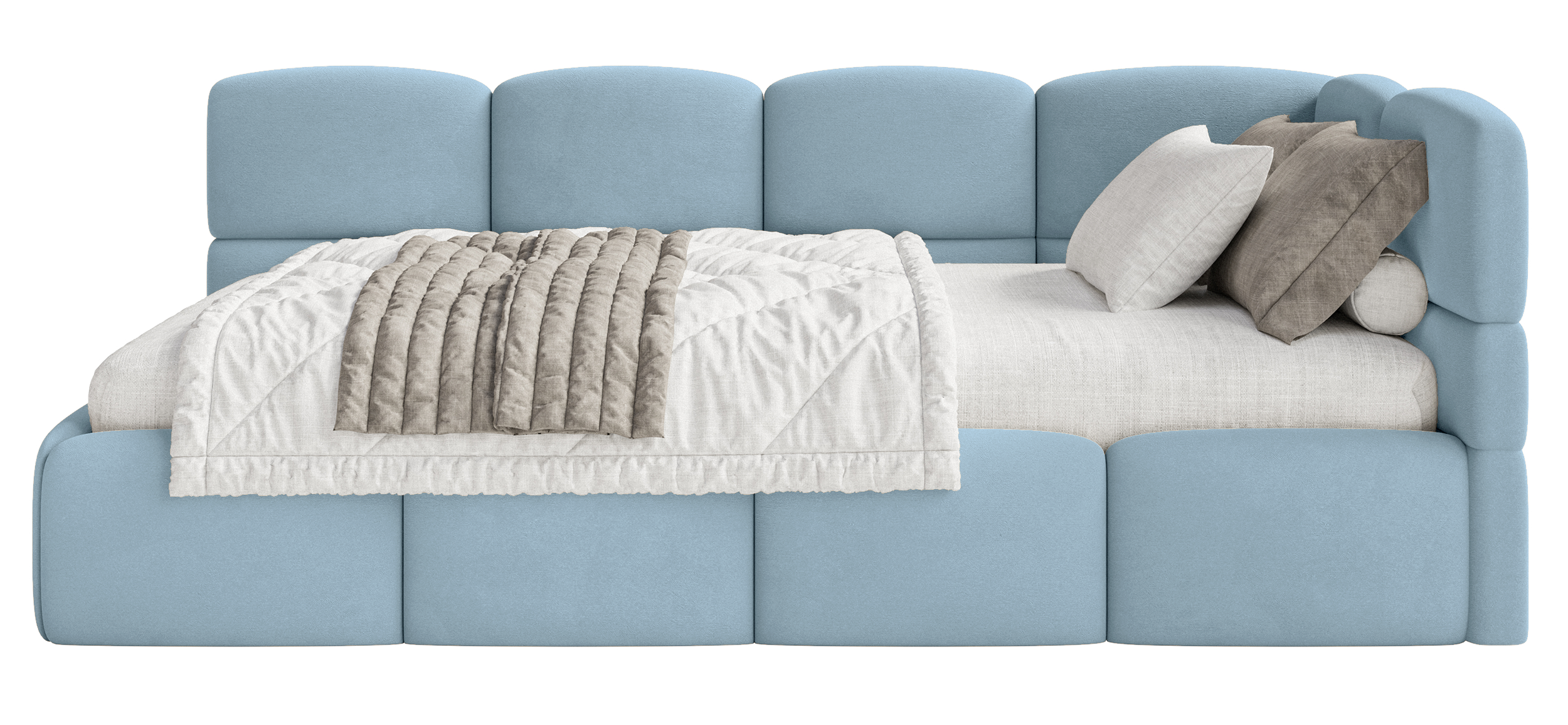Jugendbett 90x200 cm Cloudy rechtsseitig mit Matratze und Stauraum, hellblauer Velours, wasserabweisend und leicht zu reinigen