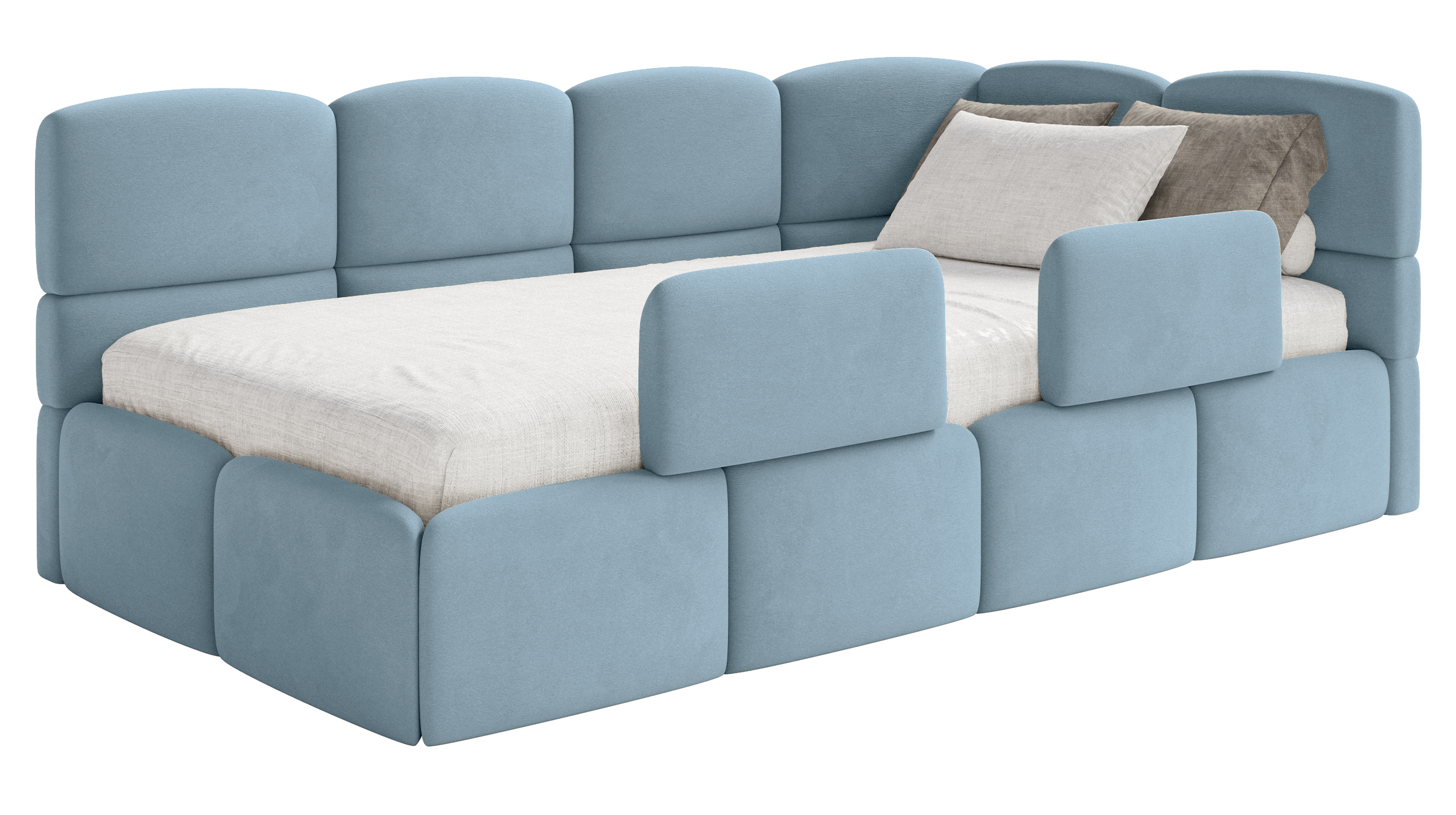 Jugendbett 90x200 cm Cloudy rechtsseitig mit Matratze, Stauraum und Geländern, hellblauer Veloursstoff, wasserabweisend und leicht zu reinigen