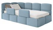 Jugendbett 90x200 cm Cloudy, linksseitig, mit Matratze, Stauraum und Schutzgittern, hellblauer Velours, wasserabweisend und pflegeleicht