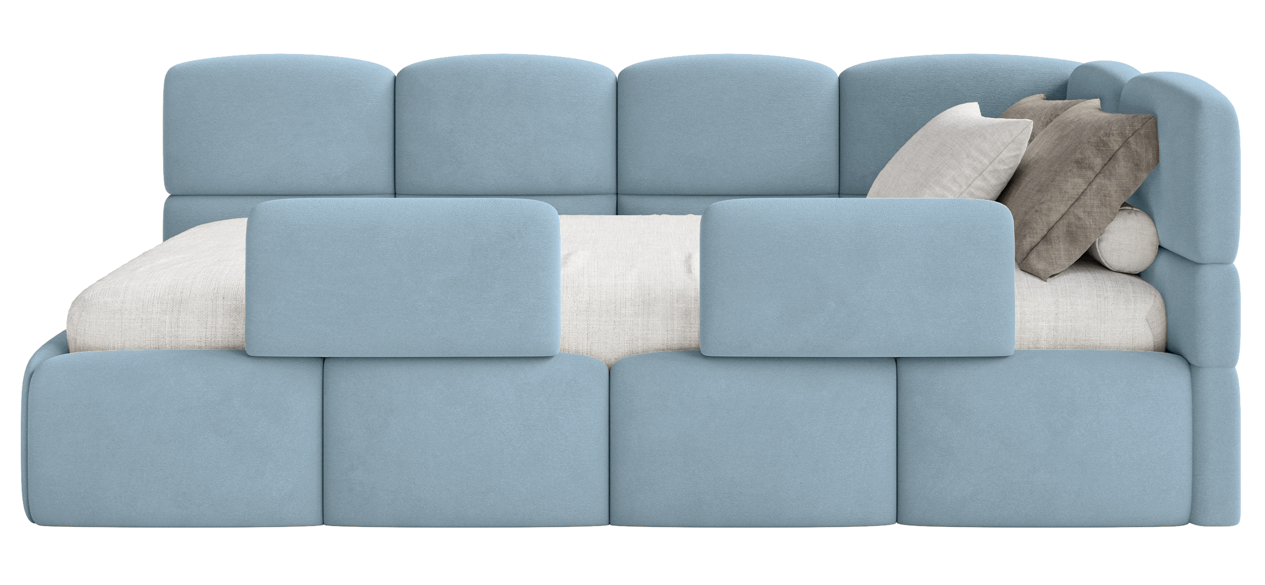 Jugendbett 90x200 cm Cloudy rechtsseitig mit Matratze, Stauraum und Geländern, hellblauer Veloursstoff, wasserabweisend und leicht zu reinigen