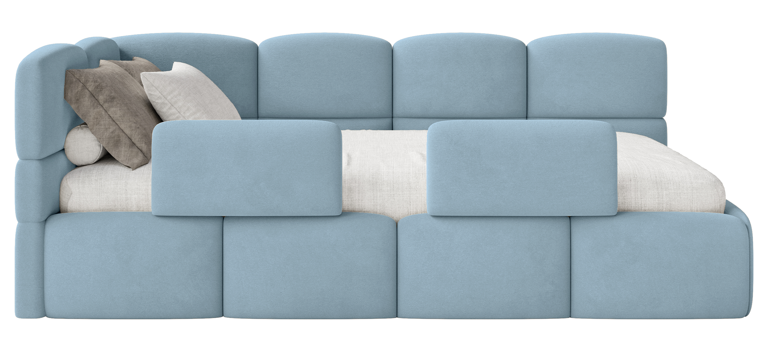 Jugendbett 90x200 cm Cloudy, linksseitig, mit Matratze, Stauraum und Schutzgittern, hellblauer Velours, wasserabweisend und pflegeleicht