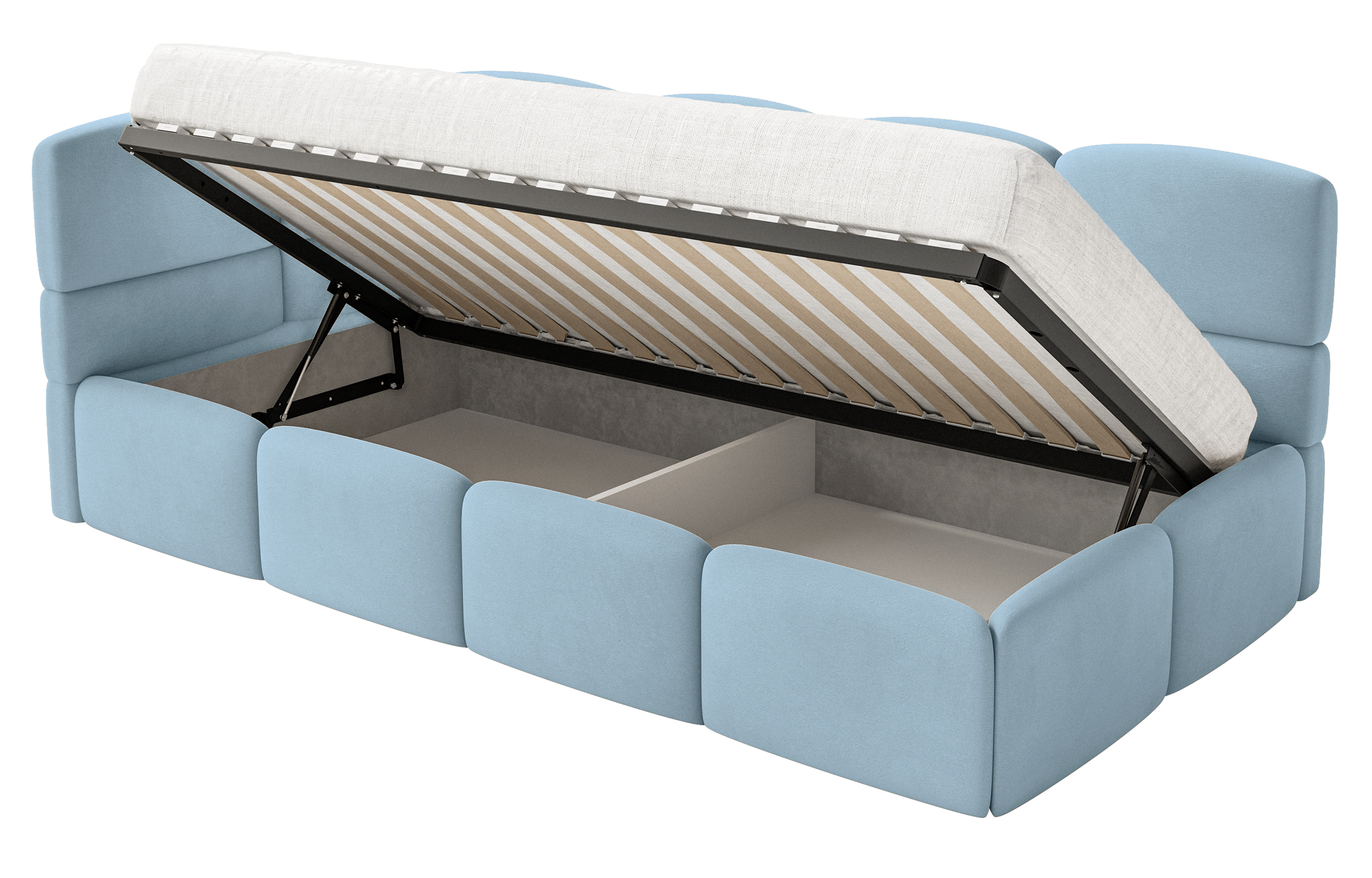 Jugendbett 90x200 cm Cloudy, linksseitig, mit Matratze, Stauraum und Schutzgittern, hellblauer Velours, wasserabweisend und pflegeleicht
