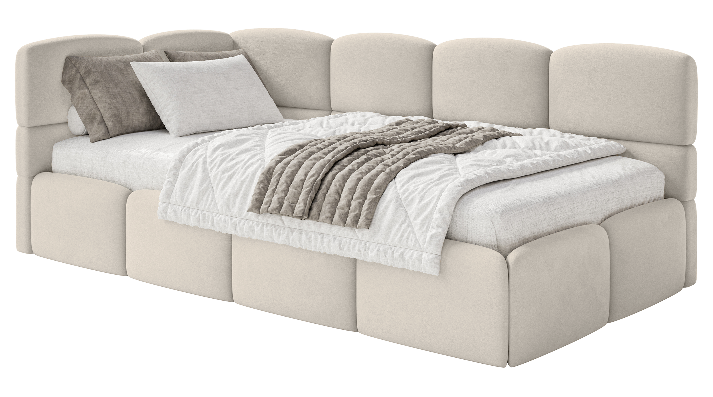 Jugendbett 90x200 cm Cloudy linksseitig mit Matratze, Stauraum und Geländern, hellbeiger Velours, wasserabweisend und pflegeleicht