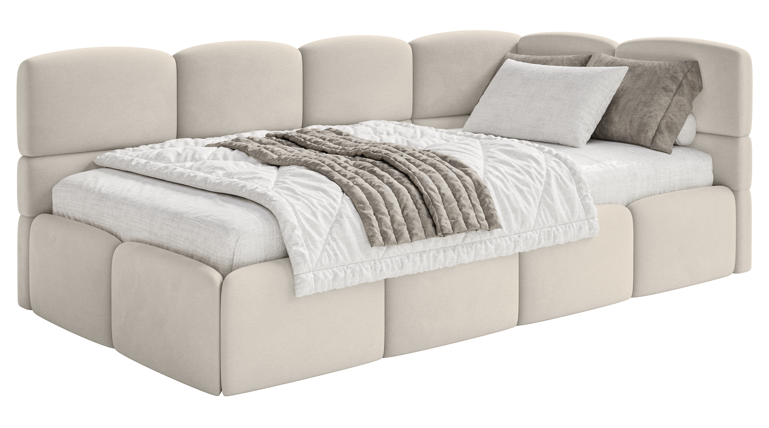 Jugendbett 120x200 cm Cloudy, rechtsseitig, mit Matratze, Stauraum und Geländern, hellbeiger Velours, wasserabweisend und pflegeleicht