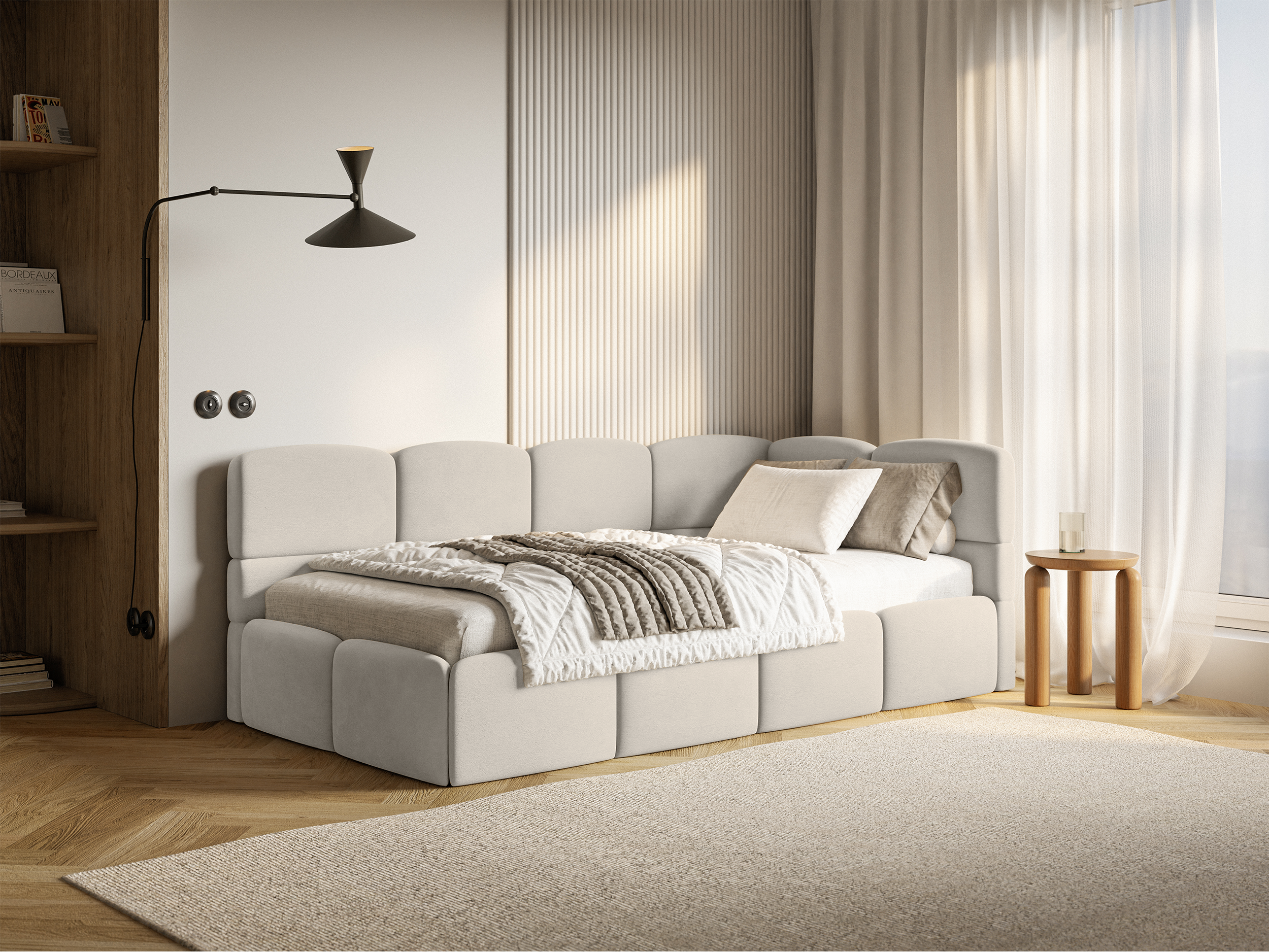 Jugendbett 120x200 cm Cloudy, rechtsseitig, mit Matratze, Stauraum und Geländern, hellbeiger Velours, wasserabweisend und pflegeleicht