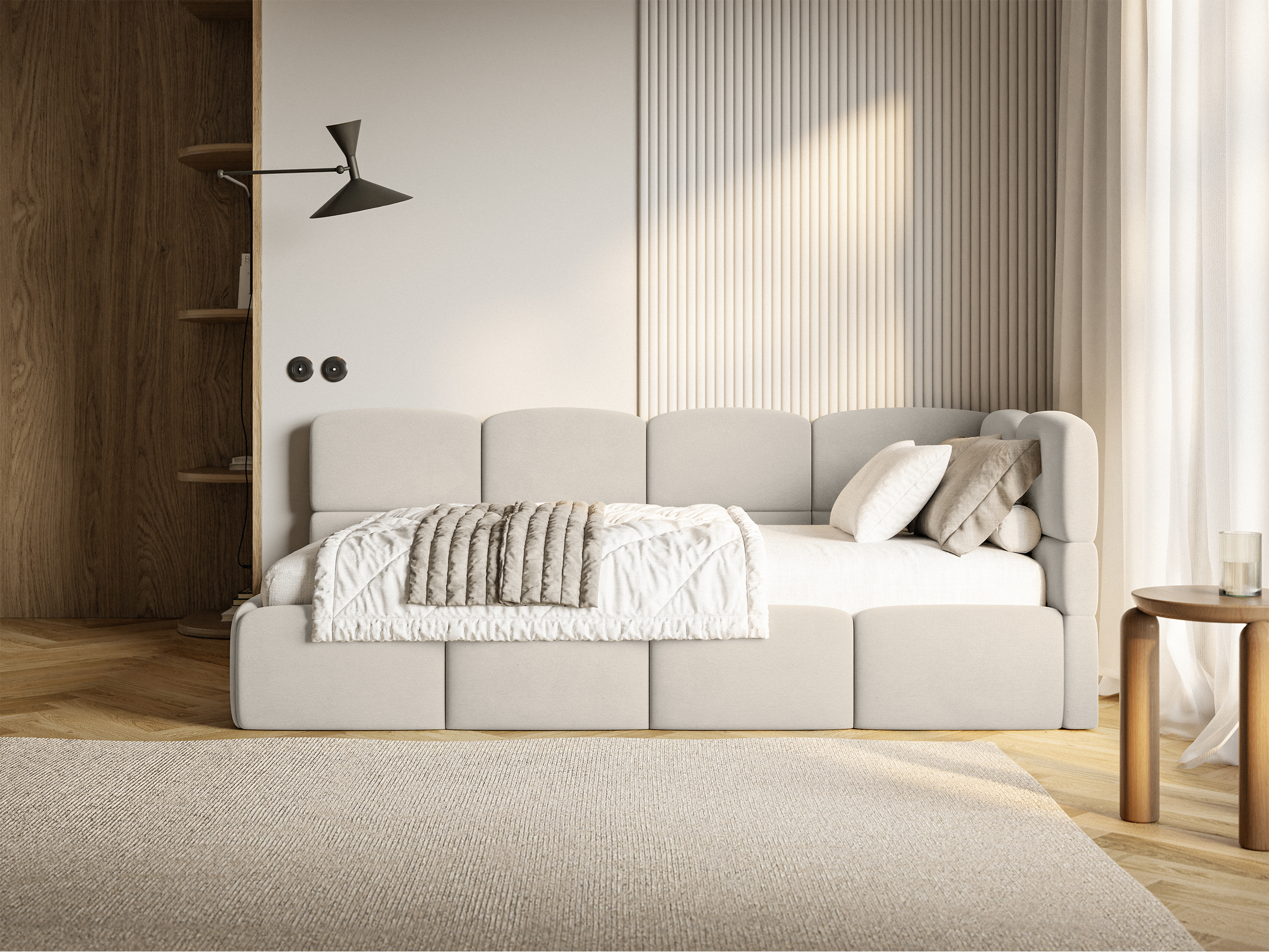 Jugendbett 120x200 cm Cloudy, rechtsseitig, mit Matratze, Stauraum und Geländern, hellbeiger Velours, wasserabweisend und pflegeleicht