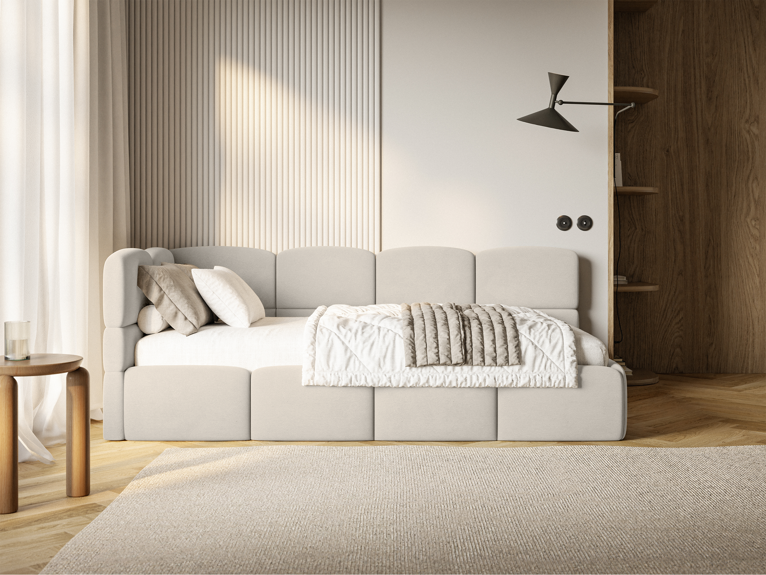 Jugendbett 90x200 cm Cloudy linksseitig mit Stauraum, hellbeiger Velours, wasserabweisend und leicht zu reinigen