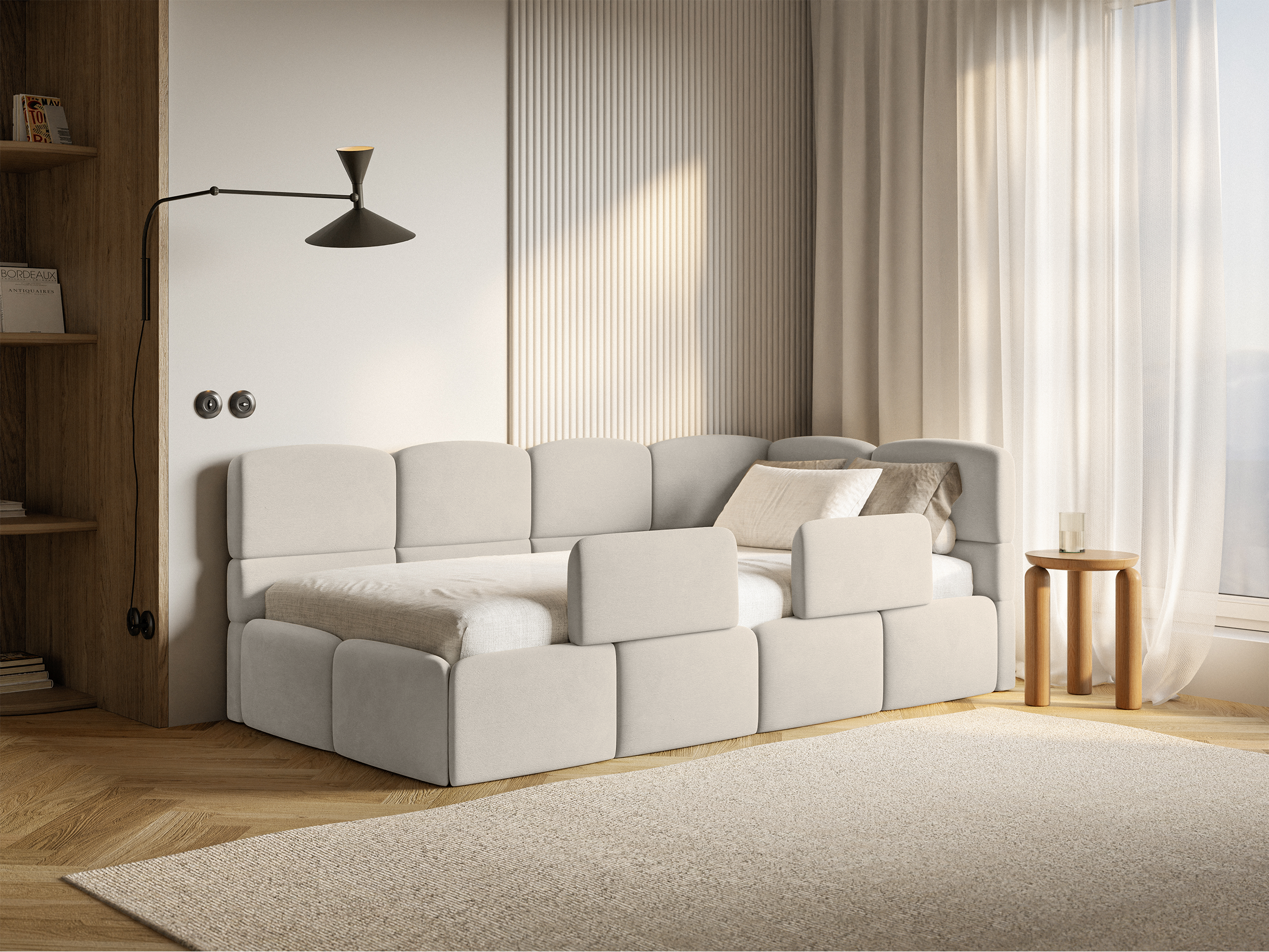 Jugendbett 120x200 cm Cloudy, rechtsseitig, mit Matratze, Stauraum und Geländern, hellbeiger Velours, wasserabweisend und pflegeleicht