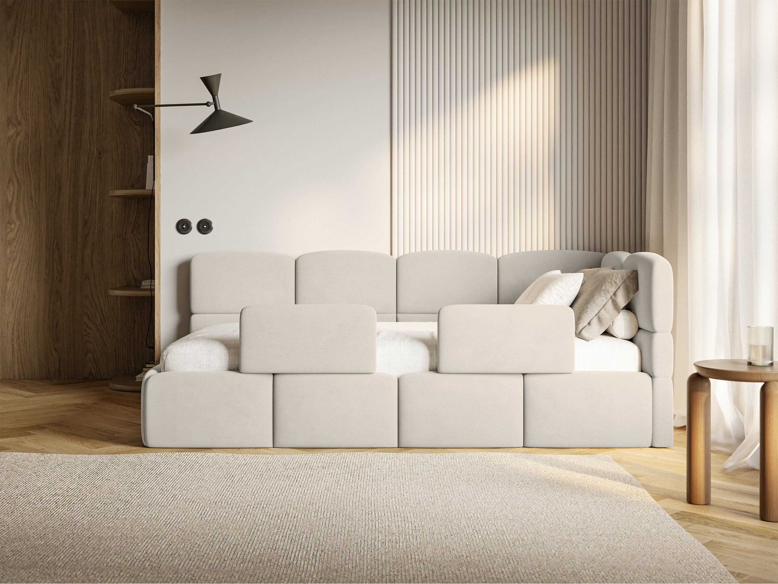 Jugendbett 120x200 cm Cloudy, rechtsseitig, mit Matratze, Stauraum und Geländern, hellbeiger Velours, wasserabweisend und pflegeleicht