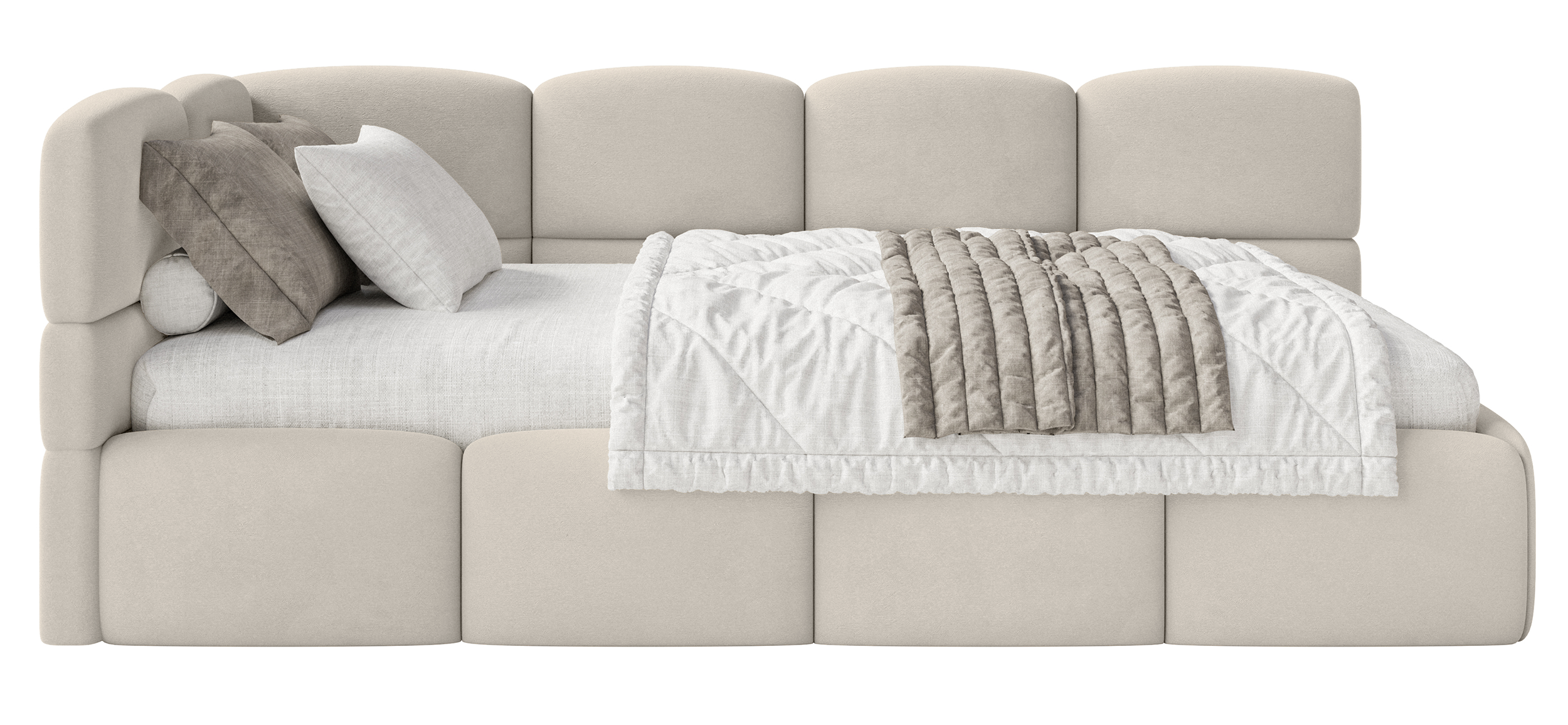 Jugendbett 90x200 cm Cloudy linksseitig mit Stauraum, hellbeiger Velours, wasserabweisend und leicht zu reinigen