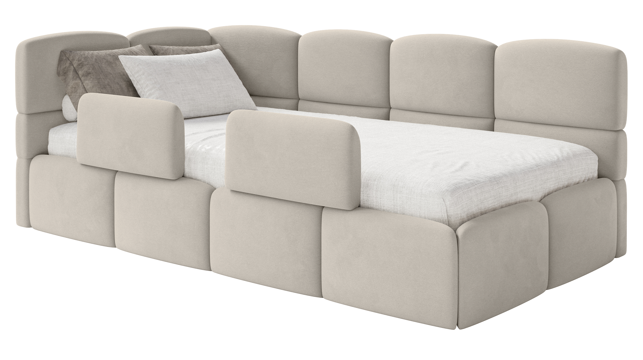 Jugendbett 90x200 cm Cloudy, linksseitig, mit Stauraum und Geländern, hellbeiger Velours, wasserabweisend und leicht zu reinigen