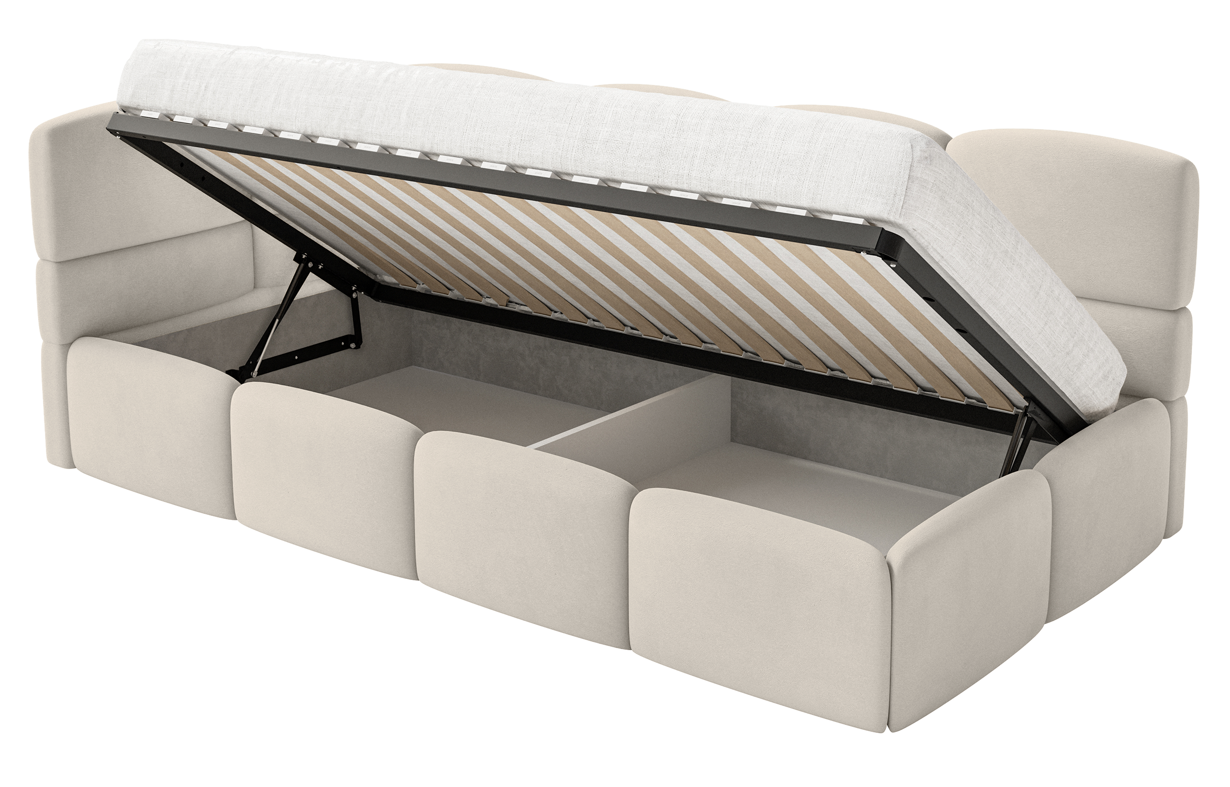 Jugendbett 90x200 cm Cloudy linksseitig mit Stauraum, hellbeiger Velours, wasserabweisend und leicht zu reinigen