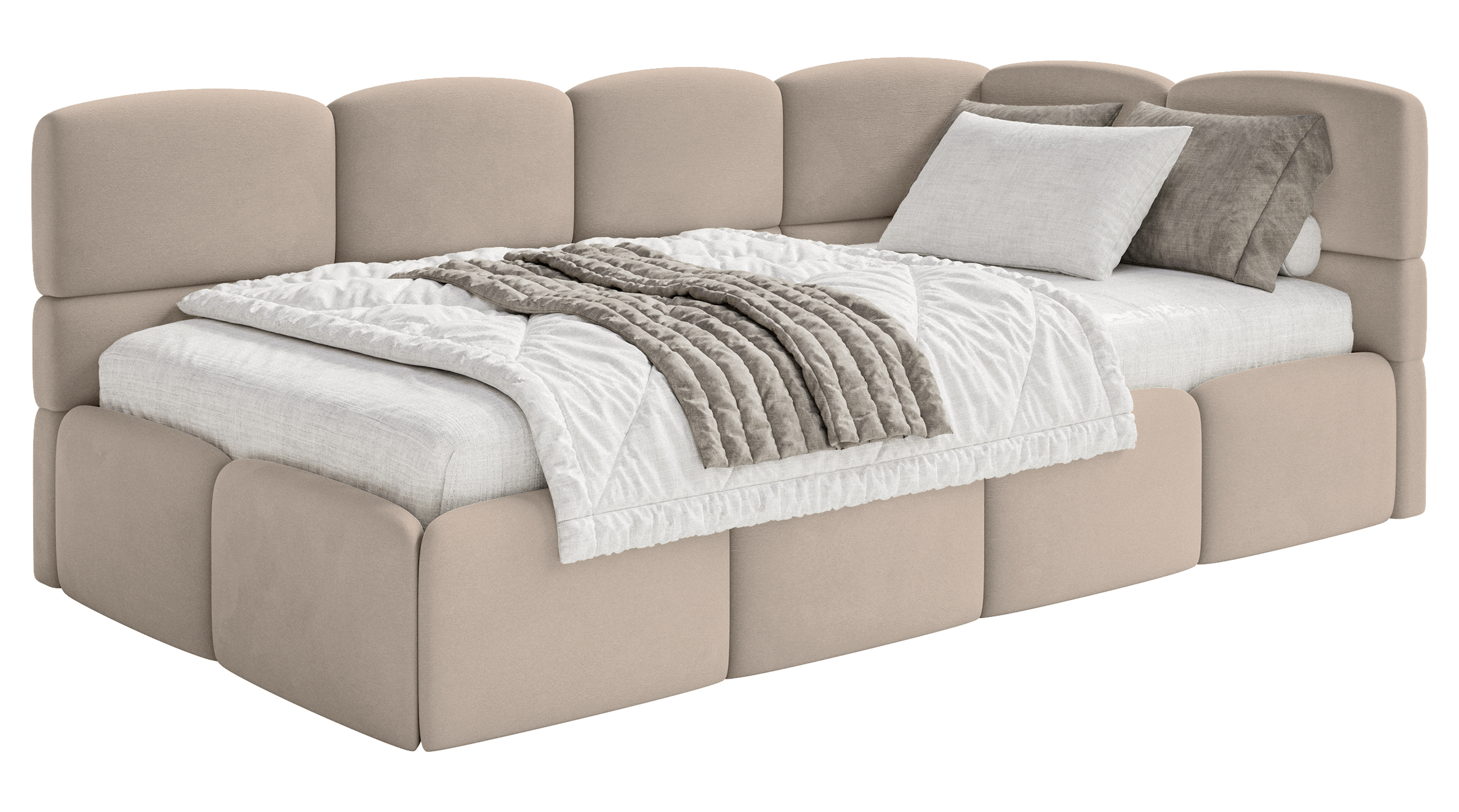 Jugendbett 90x200 cm Cloudy rechtsseitig mit Stauraum und Geländern, beige Velours, wasserabweisend und leicht zu reinigen