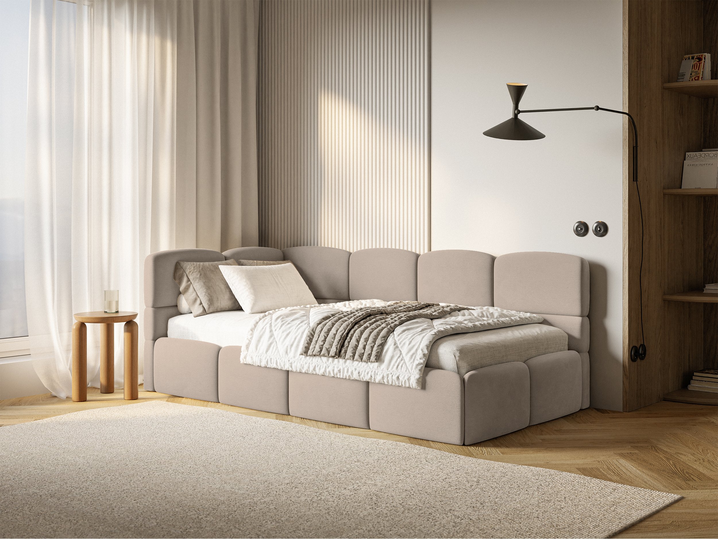 Jugendbett 90x200 cm Cloudy linksseitig mit Stauraum, beige Velours, wasserabweisend und pflegeleicht