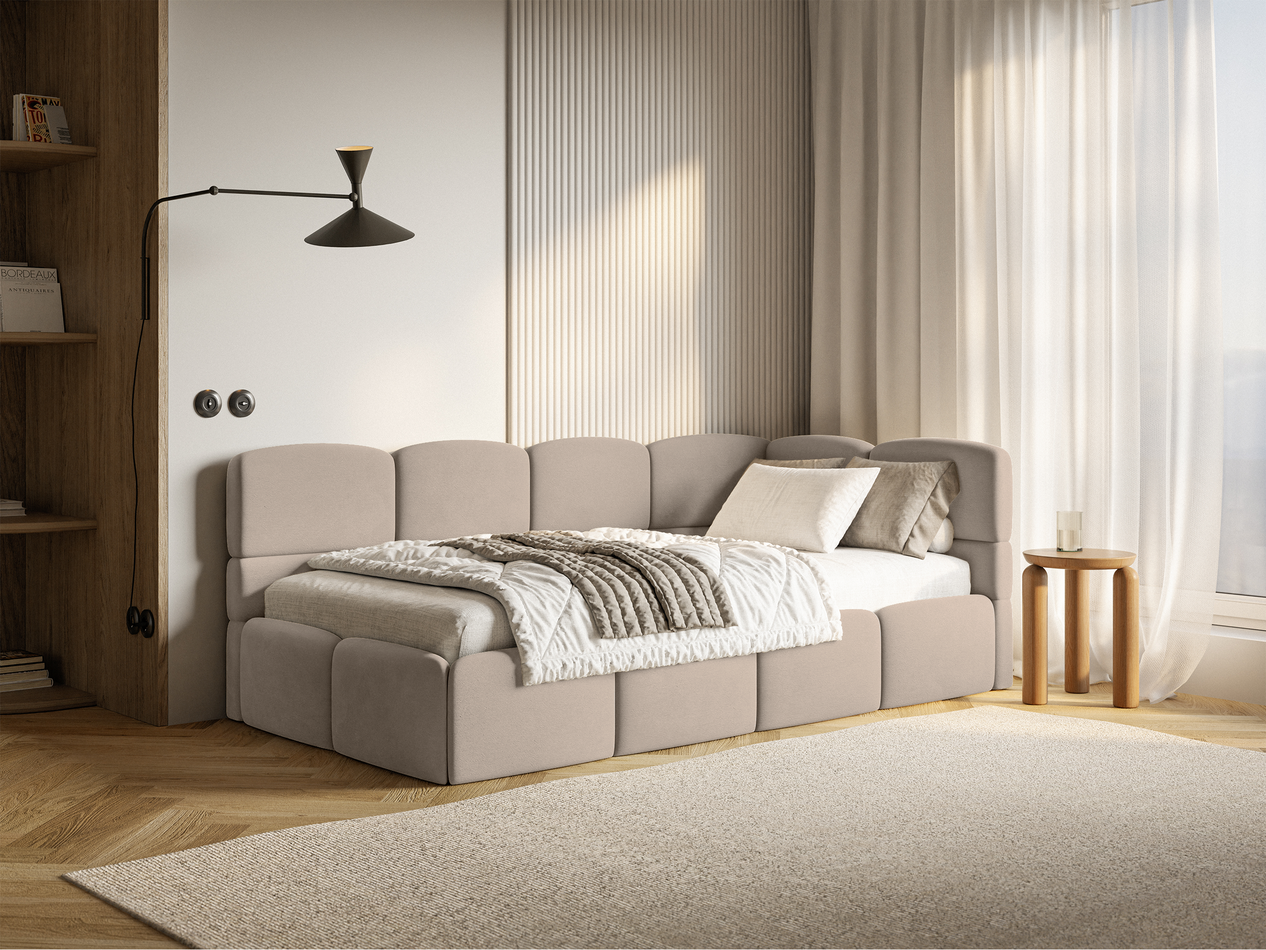 Jugendbett 90x200 cm Cloudy rechtsseitig mit Stauraum und Geländern, beige Velours, wasserabweisend und leicht zu reinigen