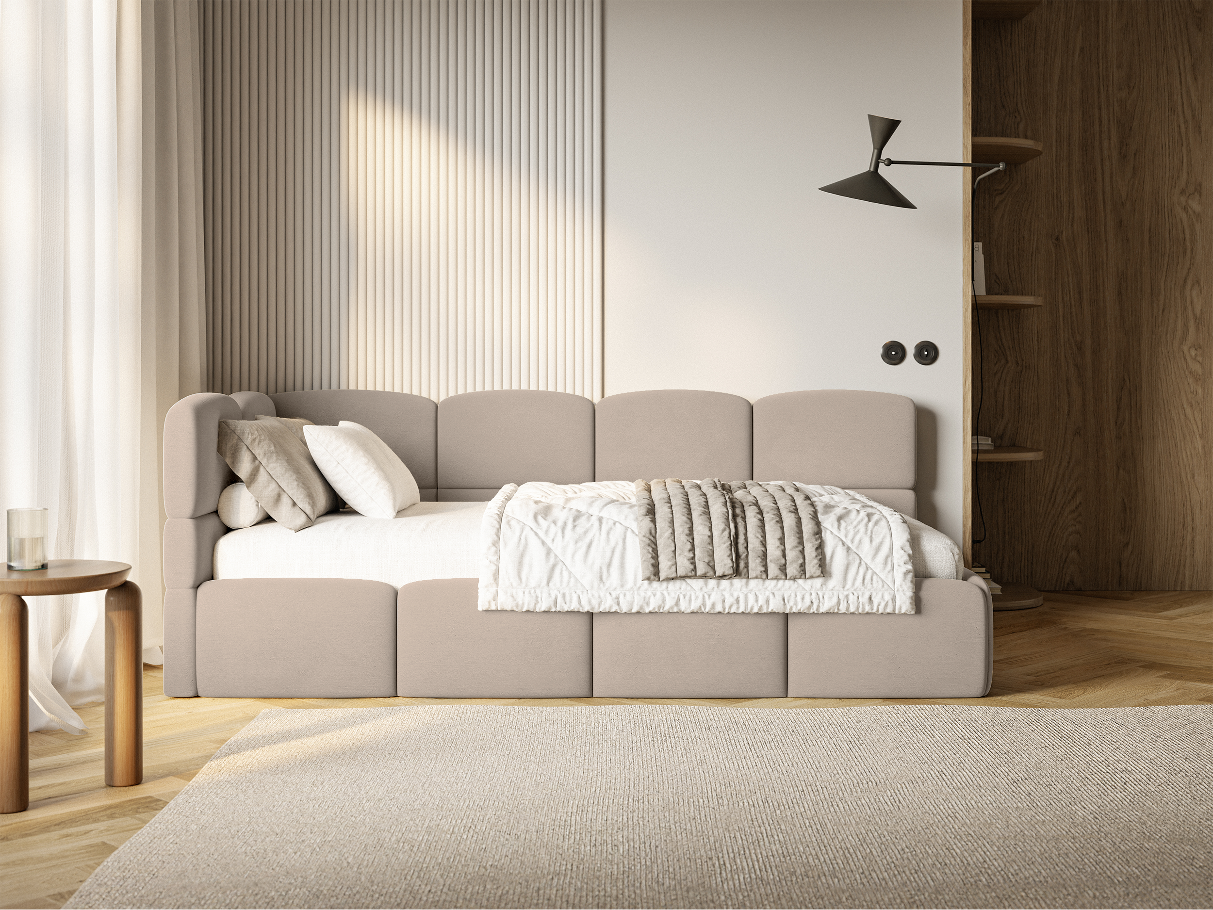 Jugendbett 90x200 cm Cloudy linksseitig mit Stauraum, beige Velours, wasserabweisend und pflegeleicht