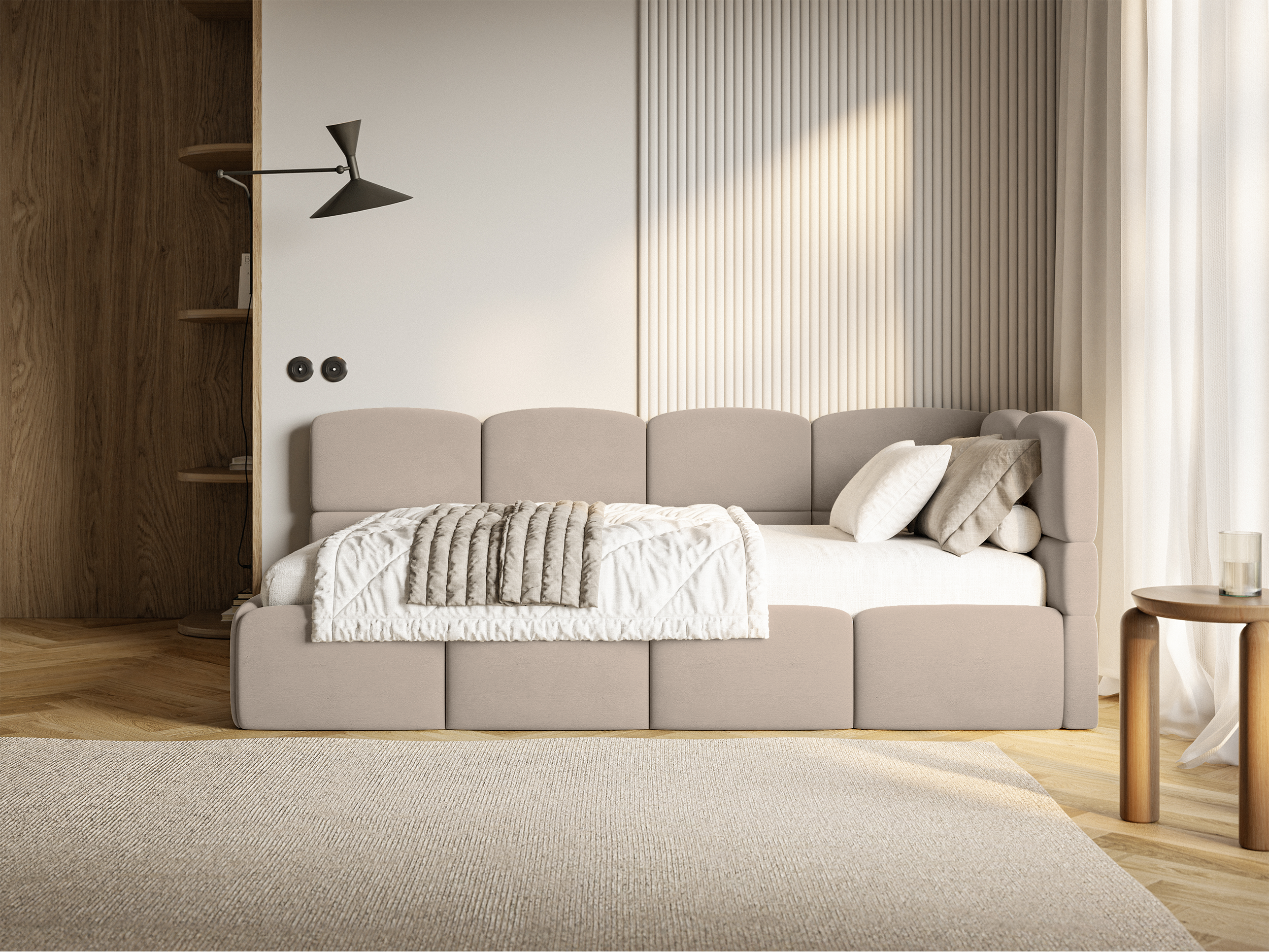 Jugendbett 90x200 cm Cloudy rechtsseitig mit Stauraum und Geländern, beige Velours, wasserabweisend und leicht zu reinigen