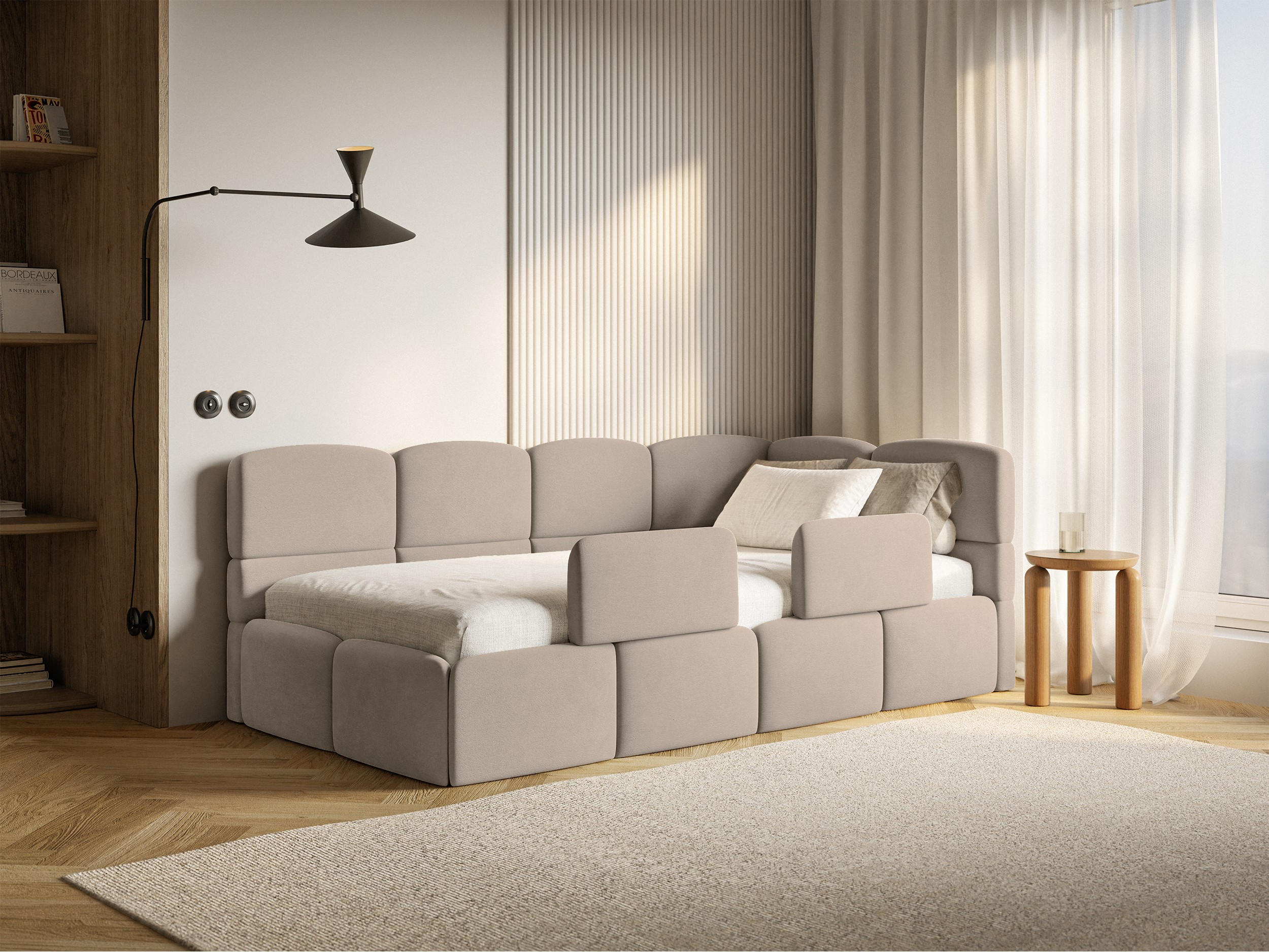 Jugendbett 90x200 cm Cloudy rechtsseitig mit Stauraum und Geländern, beige Velours, wasserabweisend und leicht zu reinigen