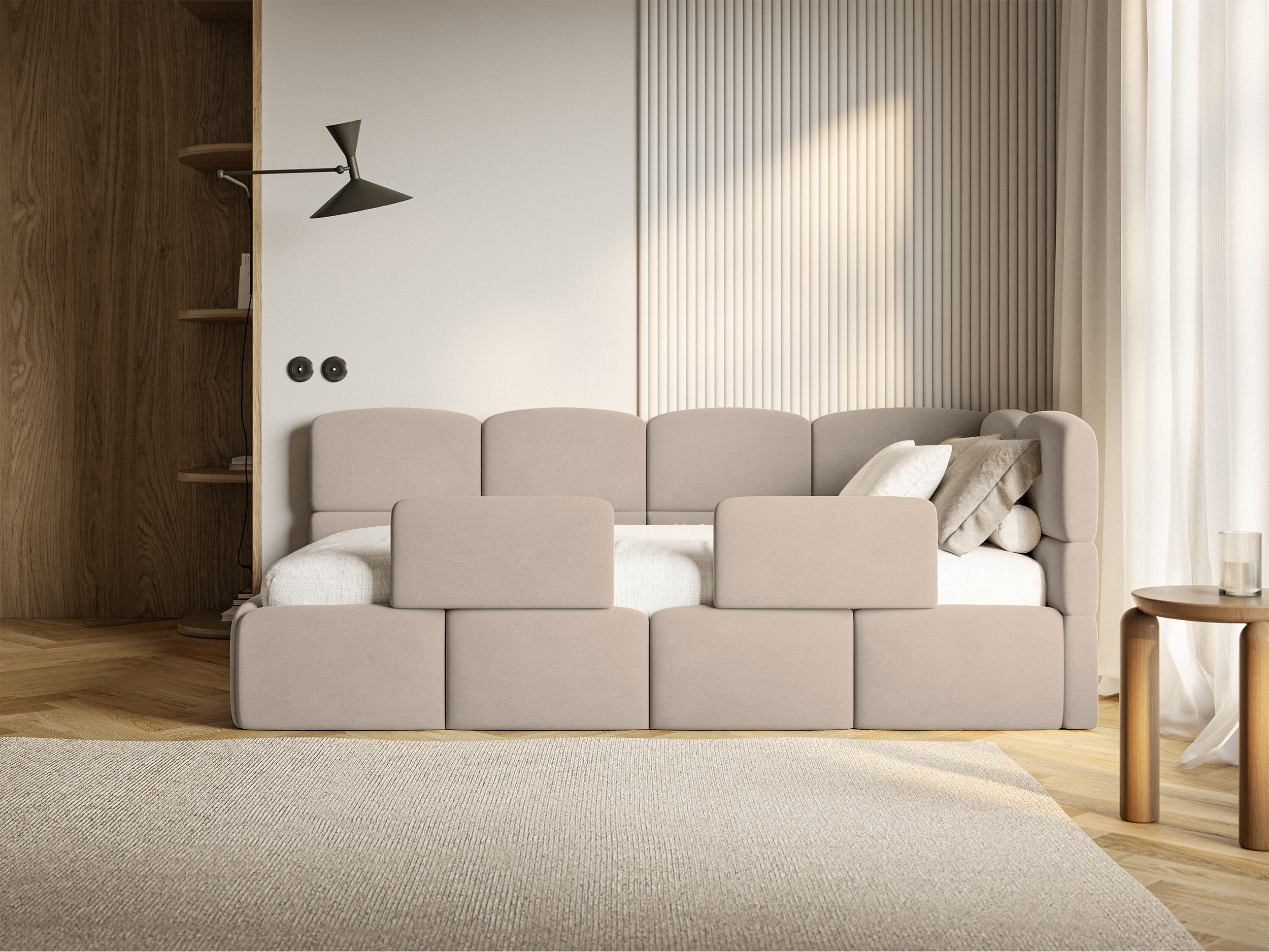 Jugendbett 90x200 cm Cloudy rechtsseitig mit Stauraum und Geländern, beige Velours, wasserabweisend und leicht zu reinigen