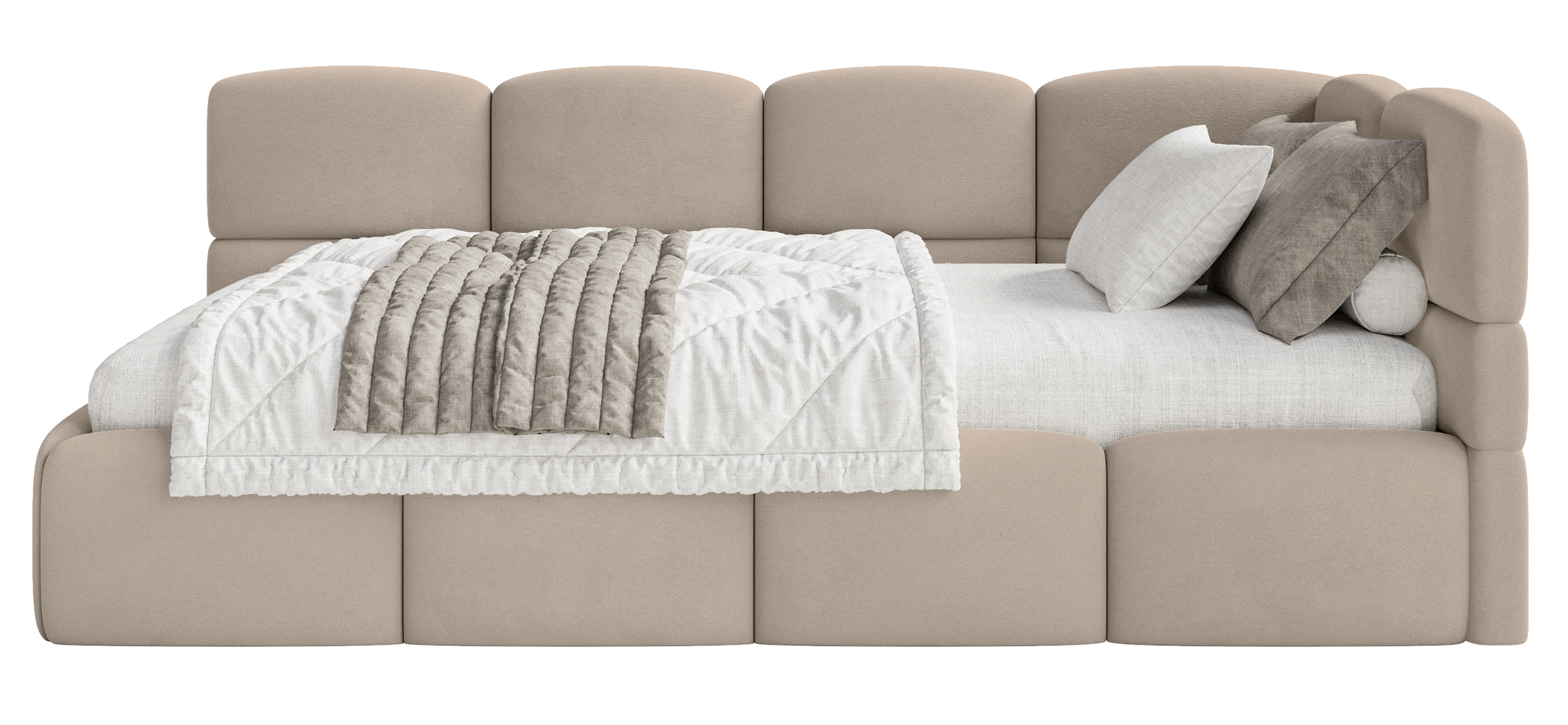 Jugendbett 90x200 cm Cloudy rechtsseitig mit Stauraum und Geländern, beige Velours, wasserabweisend und leicht zu reinigen