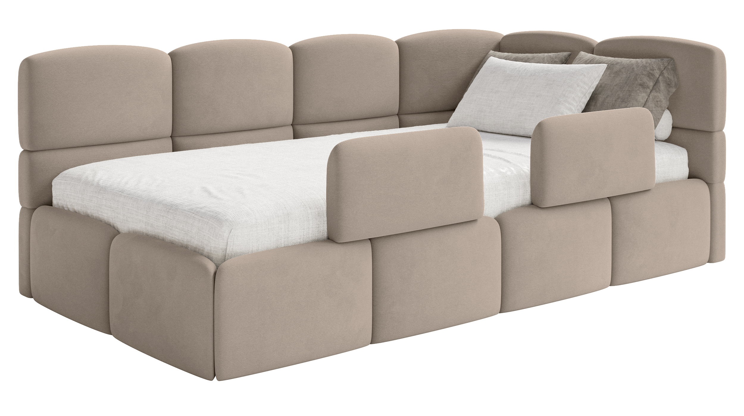Jugendbett 90x200 cm Cloudy rechtsseitig mit Stauraum und Geländern, beige Velours, wasserabweisend und leicht zu reinigen