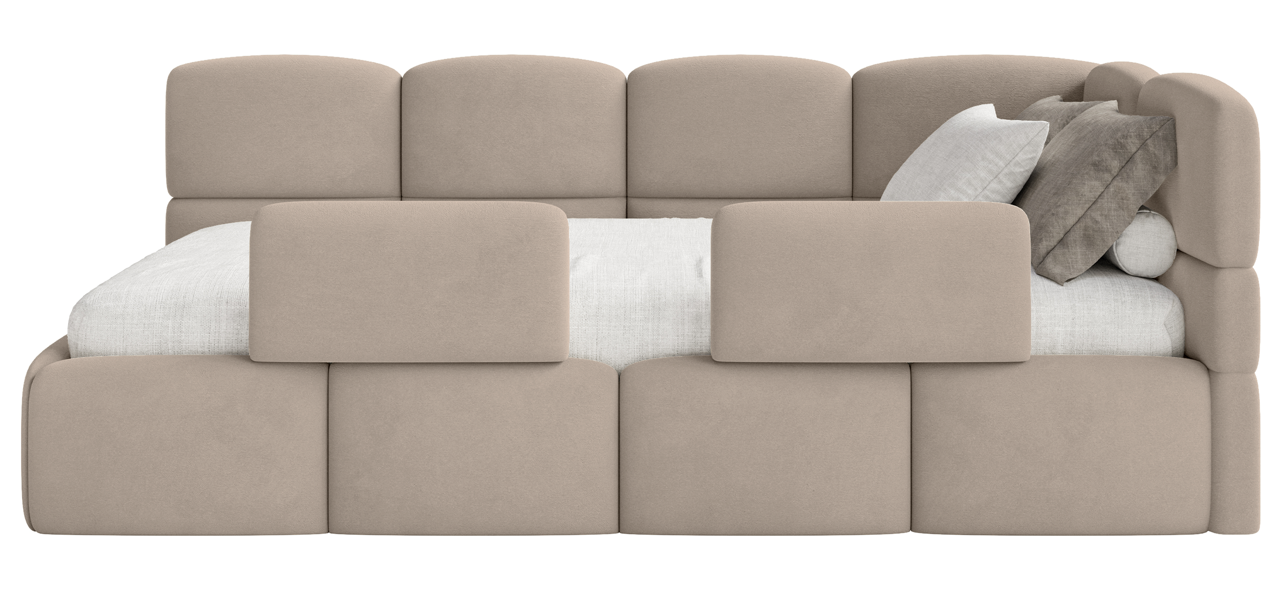 Jugendbett 90x200 cm Cloudy rechtsseitig mit Stauraum und Geländern, beige Velours, wasserabweisend und leicht zu reinigen