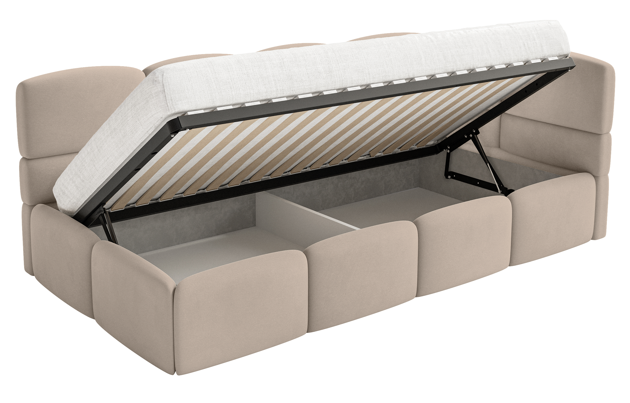 Jugendbett 90x200 cm Cloudy rechtsseitig mit Stauraum und Geländern, beige Velours, wasserabweisend und leicht zu reinigen