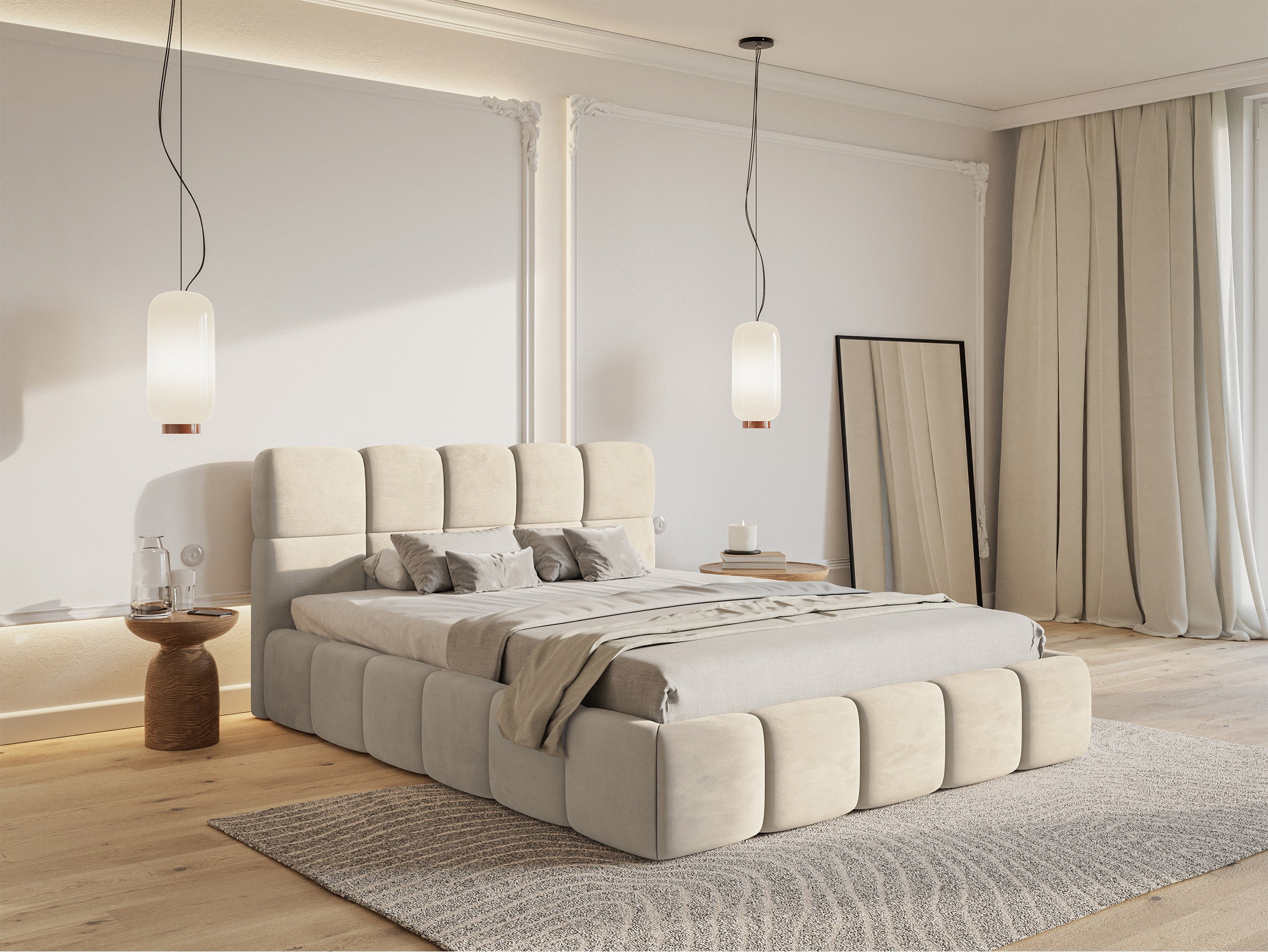 Polsterbett 180x200 cm Cloudy mit Stauraum, hellbeiger Velours, wasserabweisend, pflegeleicht, Metallrahmen