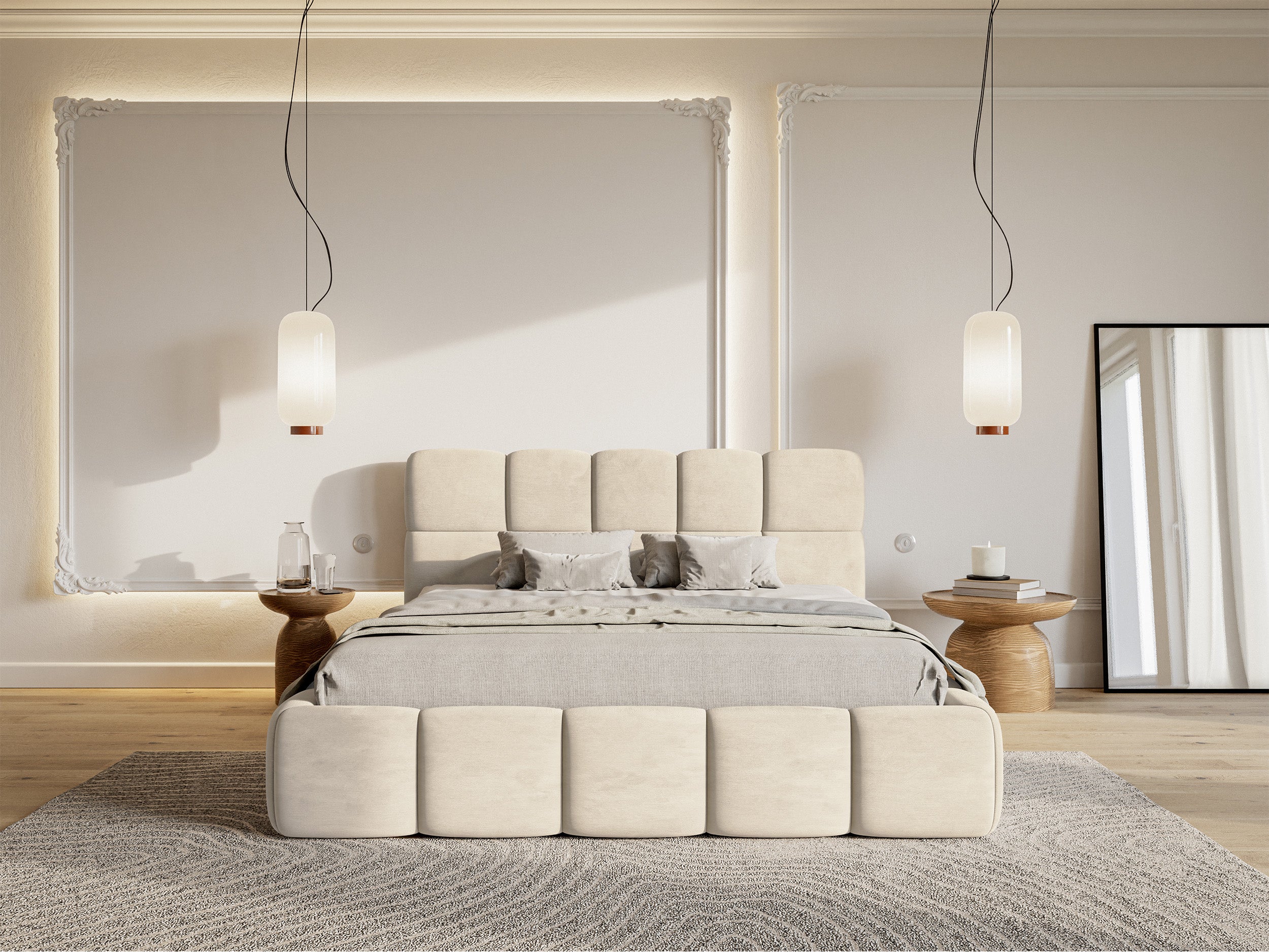 Polsterbett 180x200 cm Cloudy mit Stauraum, hellbeiger Velours, wasserabweisend, pflegeleicht, Metallrahmen