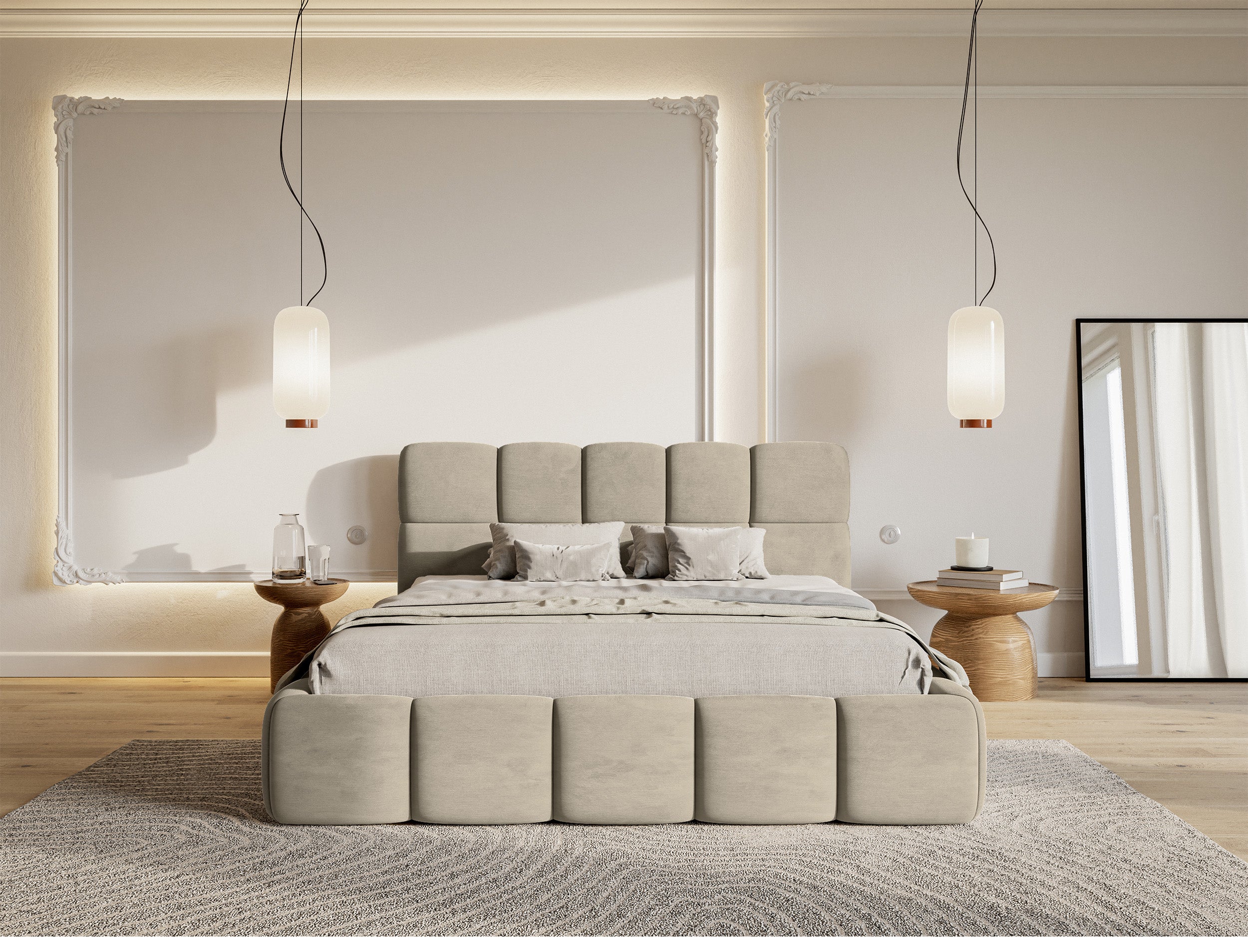 Polstermbett 180x200 cm Cloudy in grau-beige, wasserabweisender und pflegeleichter Samtstoff