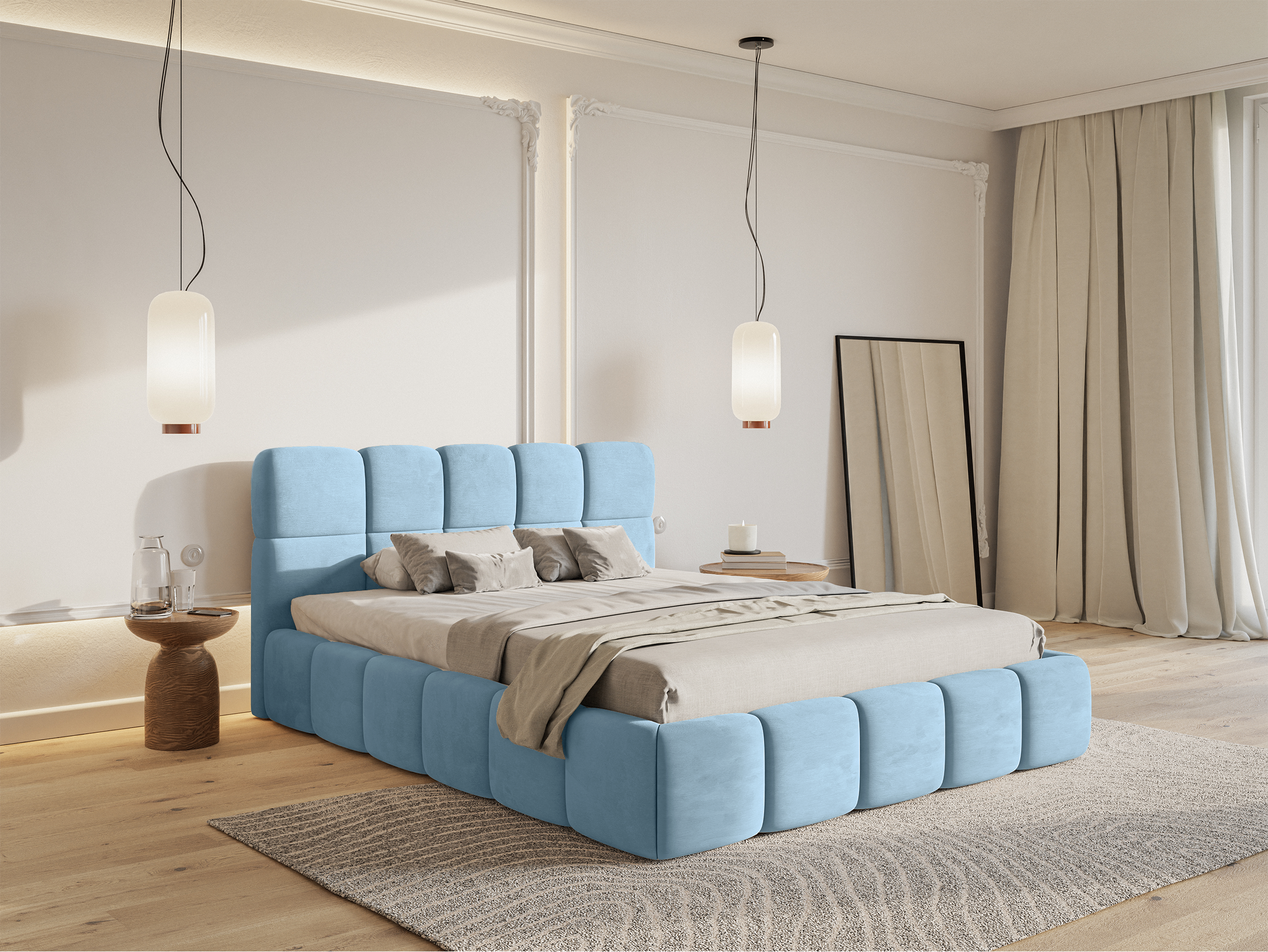Polsterbett 180x200 cm Cloudy mit Stauraum, hellblauer Veloursstoff, wasserabweisend, pflegeleicht, Metallrahmen