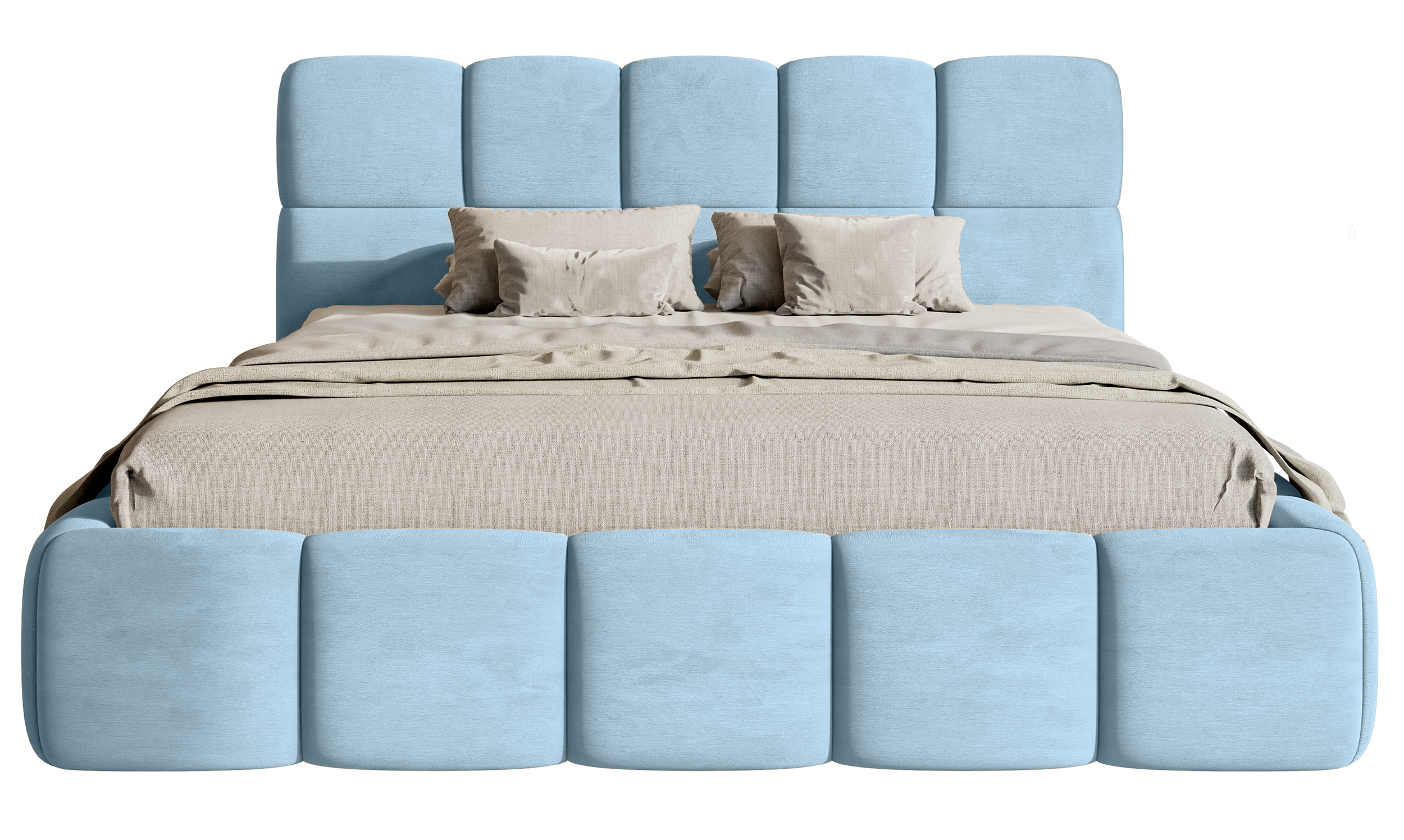 Polsterbett 180x200 cm Cloudy mit Stauraum, hellblauer Veloursstoff, wasserabweisend, pflegeleicht, Metallrahmen