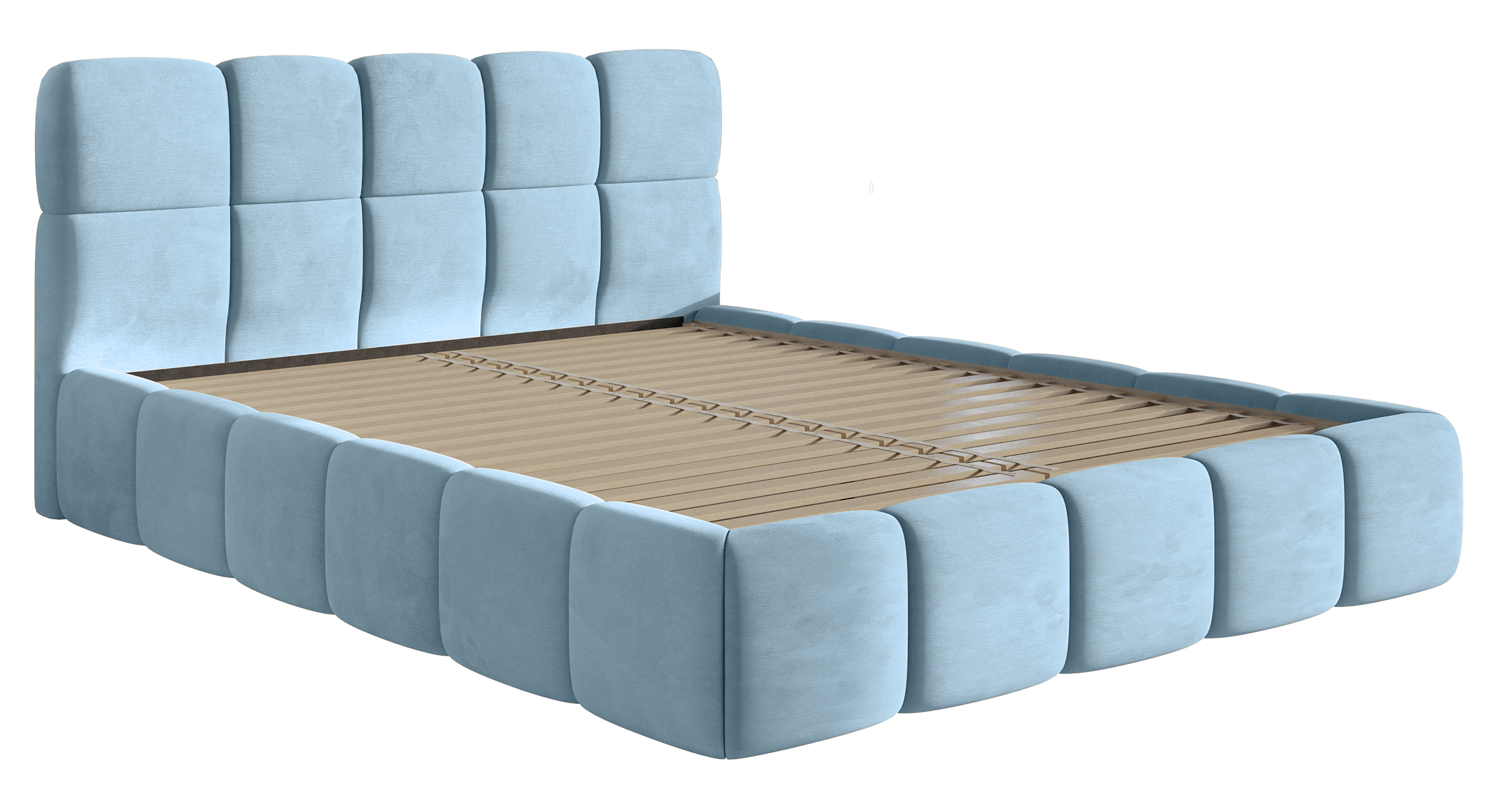Polsterbett 180x200 cm Cloudy mit Stauraum, hellblauer Veloursstoff, wasserabweisend, pflegeleicht, Metallrahmen