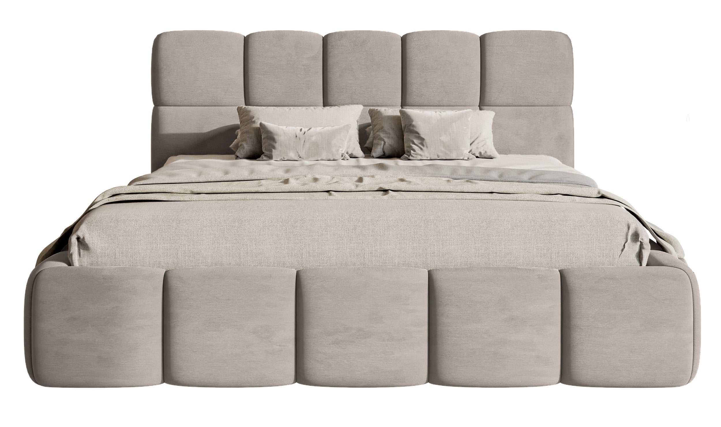 Gepolstertes Bett 160x200 cm Cloudy mit Aufbewahrungsbox, hellgrauer Velours, wasserabweisend, leicht zu reinigen, Metallrahmen