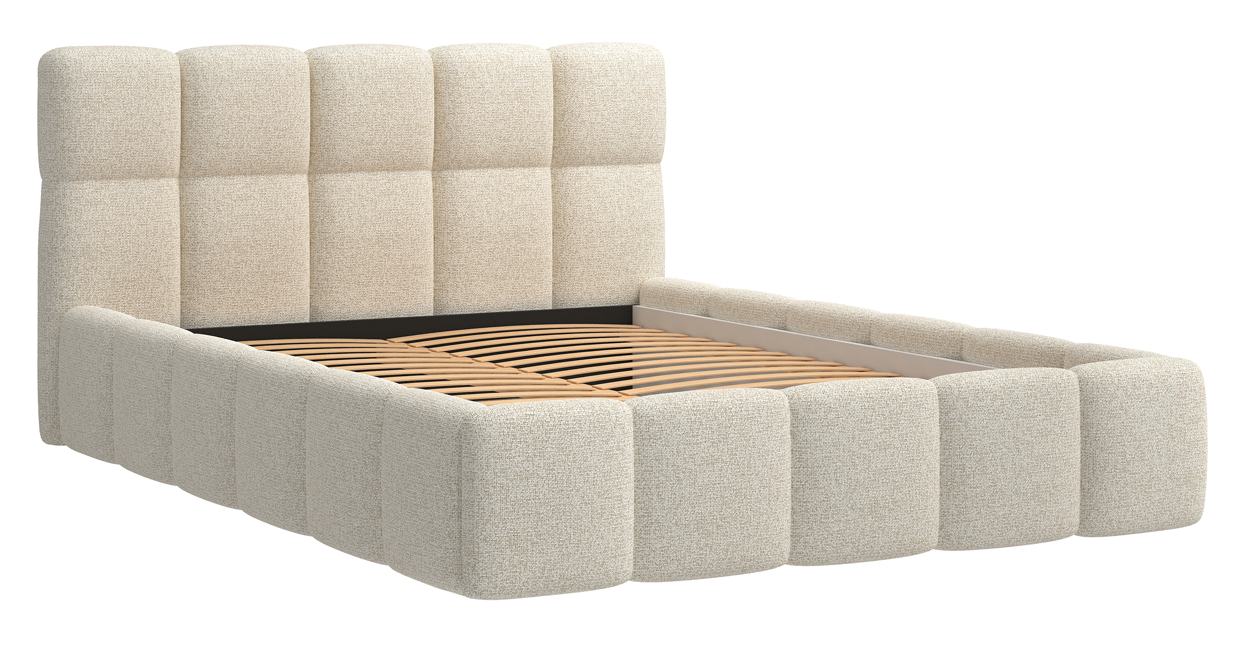 Polsterbett 160x200 cm Cloudy mit Stauraum, hellbeige Geflecht, Metallrahmen