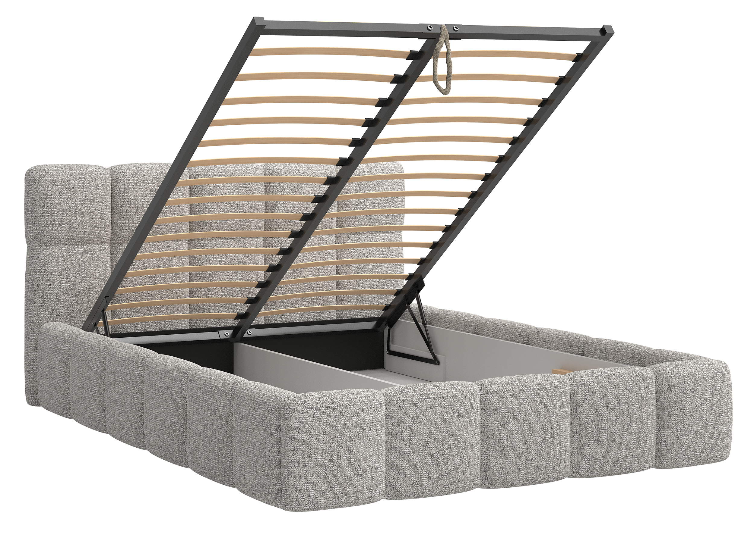 Gepolstertes Bett 160x200 cm Cloudy mit Stauraum, grau-beige Flechtmuster, Metallrahmen