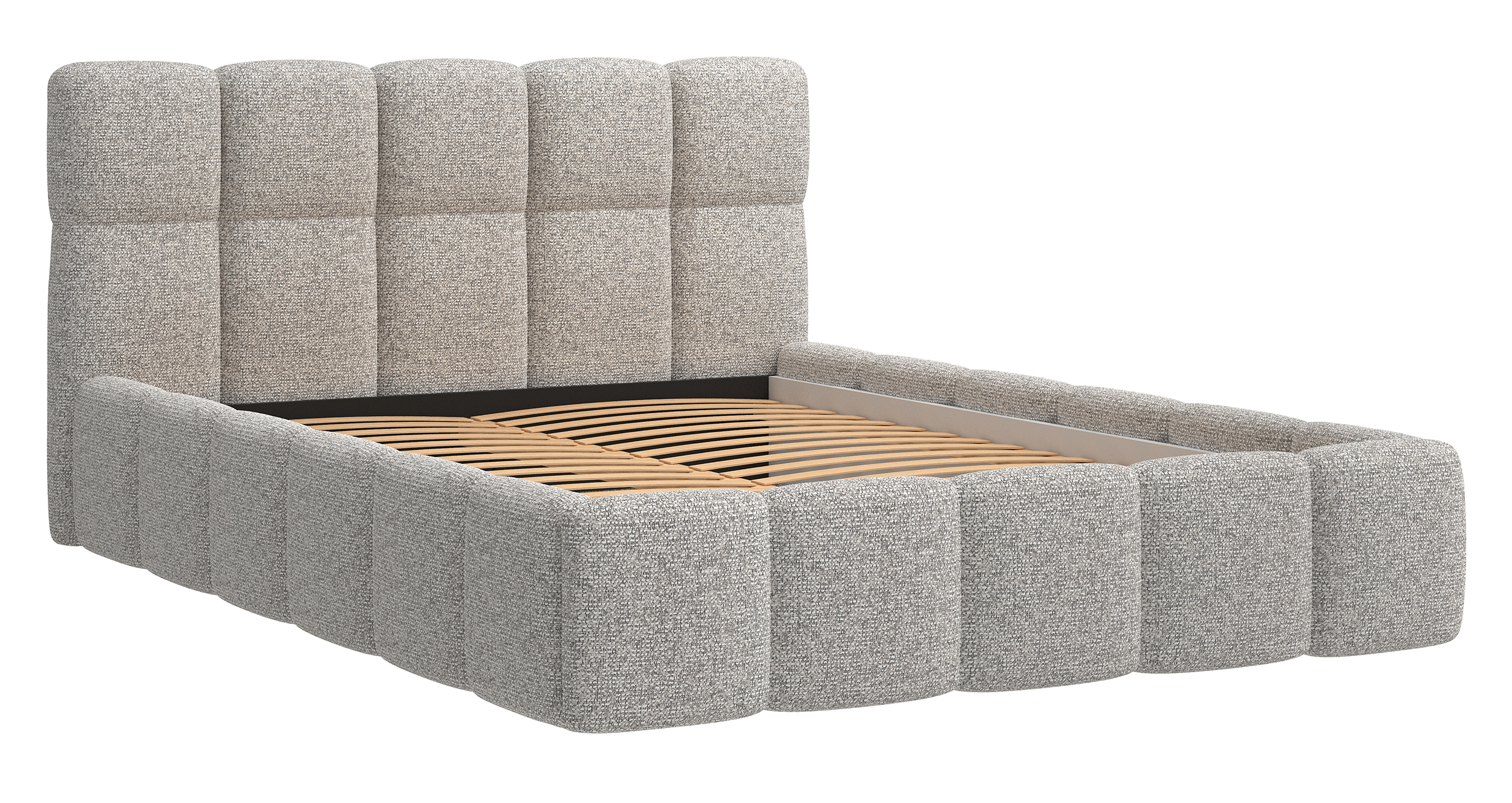 Polsterbett 140x200 cm Cloudy mit Stauraum, grau-beige Flechtmuster, Metallrahmen