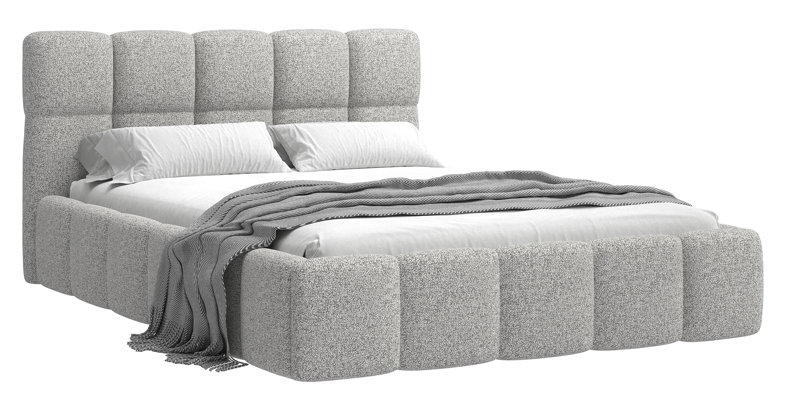 Gepolstertes Bett 140x200 cm Cloudy mit Stauraum, hellgraues Geflecht, Metallrahmen