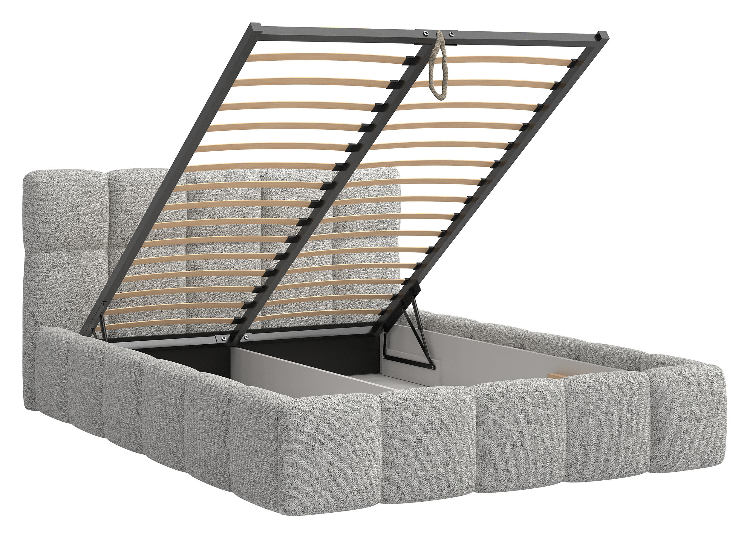 Gepolstertes Bett 140x200 cm Cloudy mit Stauraum, hellgraues Geflecht, Metallrahmen