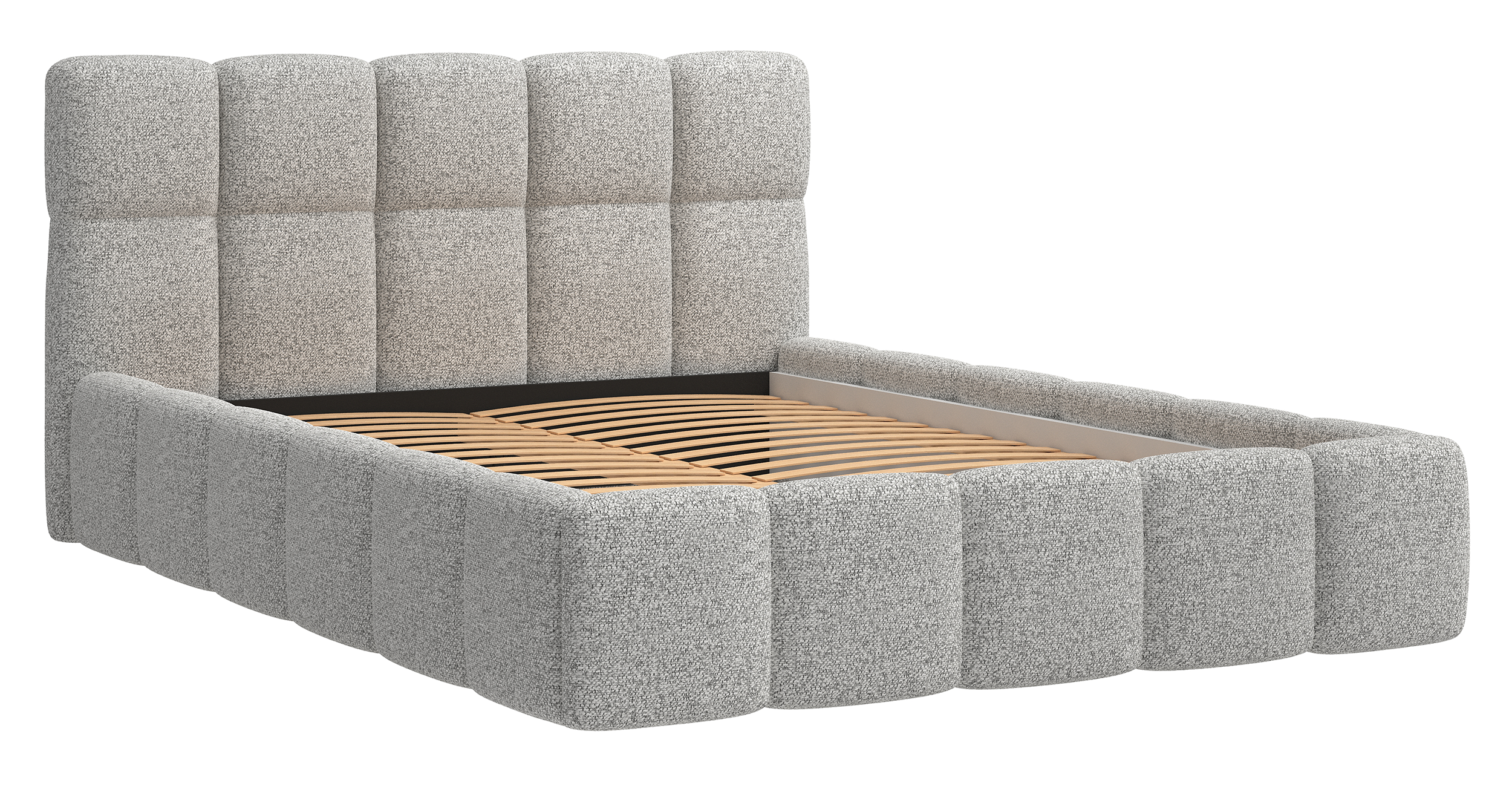 Gepolstertes Bett 140x200 cm Cloudy mit Stauraum, hellgraues Geflecht, Metallrahmen