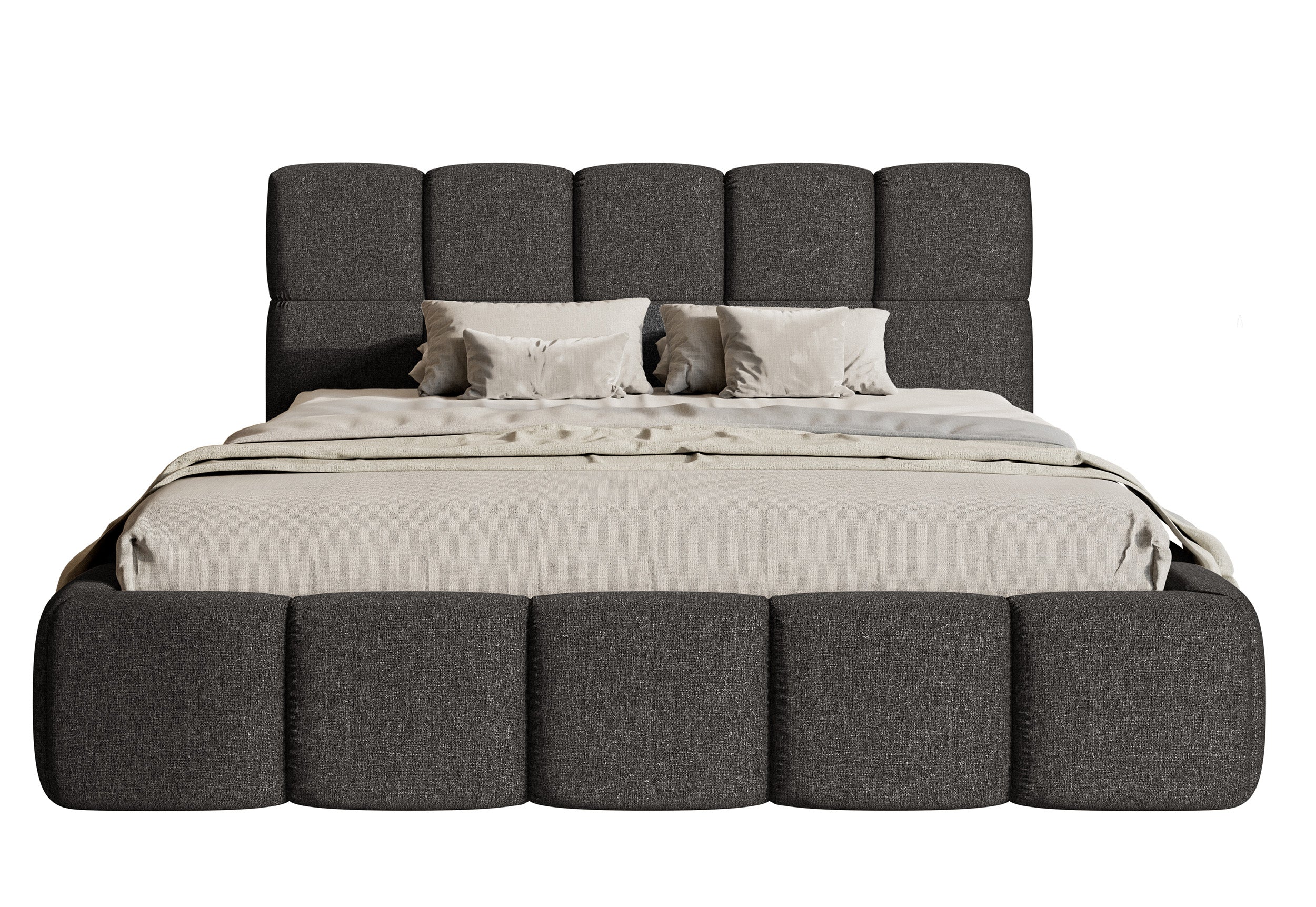 Gepolstertes Bett 200x200 cm Cloudy mit Stauraum, graphitfarben, hydrophober Chenillestoff