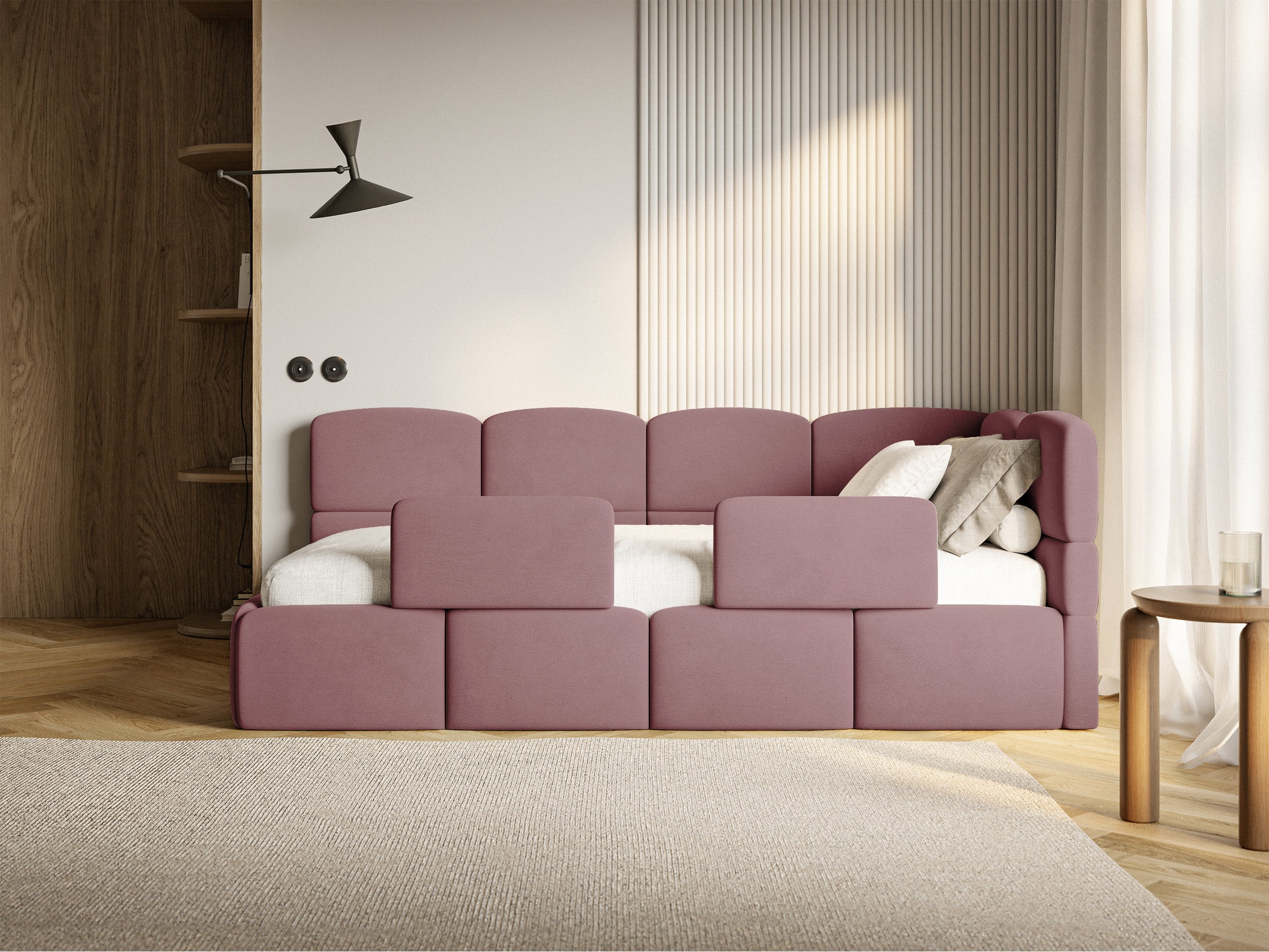 Jugendbett 120x200 cm Cloudy, rechtsseitig, mit Stauraum und Geländern, rosa Velours, wasserabweisend und leicht zu reinigen