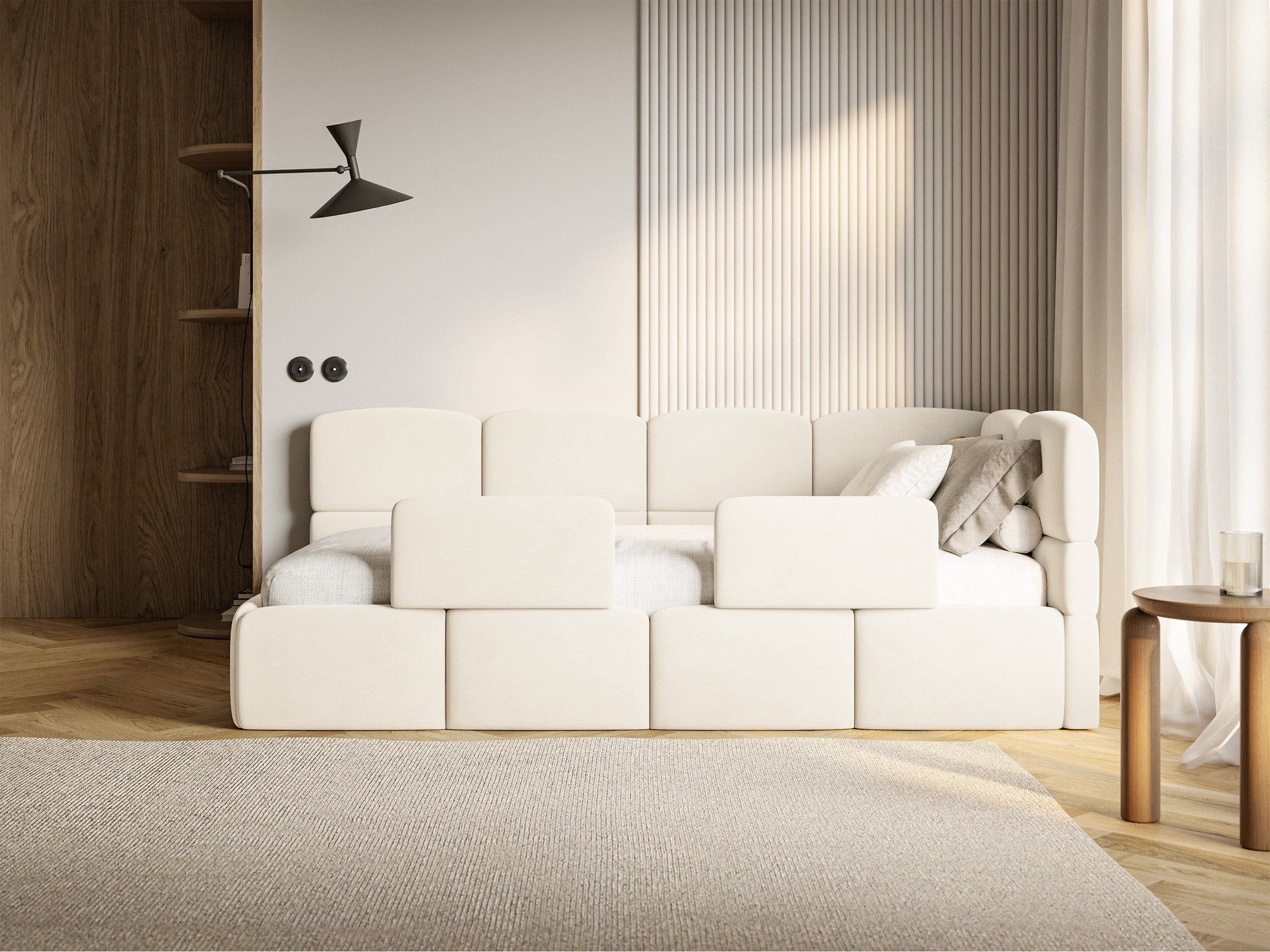 Jugendbett 90x200 cm Cloudy rechtsseitig mit Matratze, Stauraum und Geländern, cremefarbener Velours, wasserabweisend und leicht zu reinigen