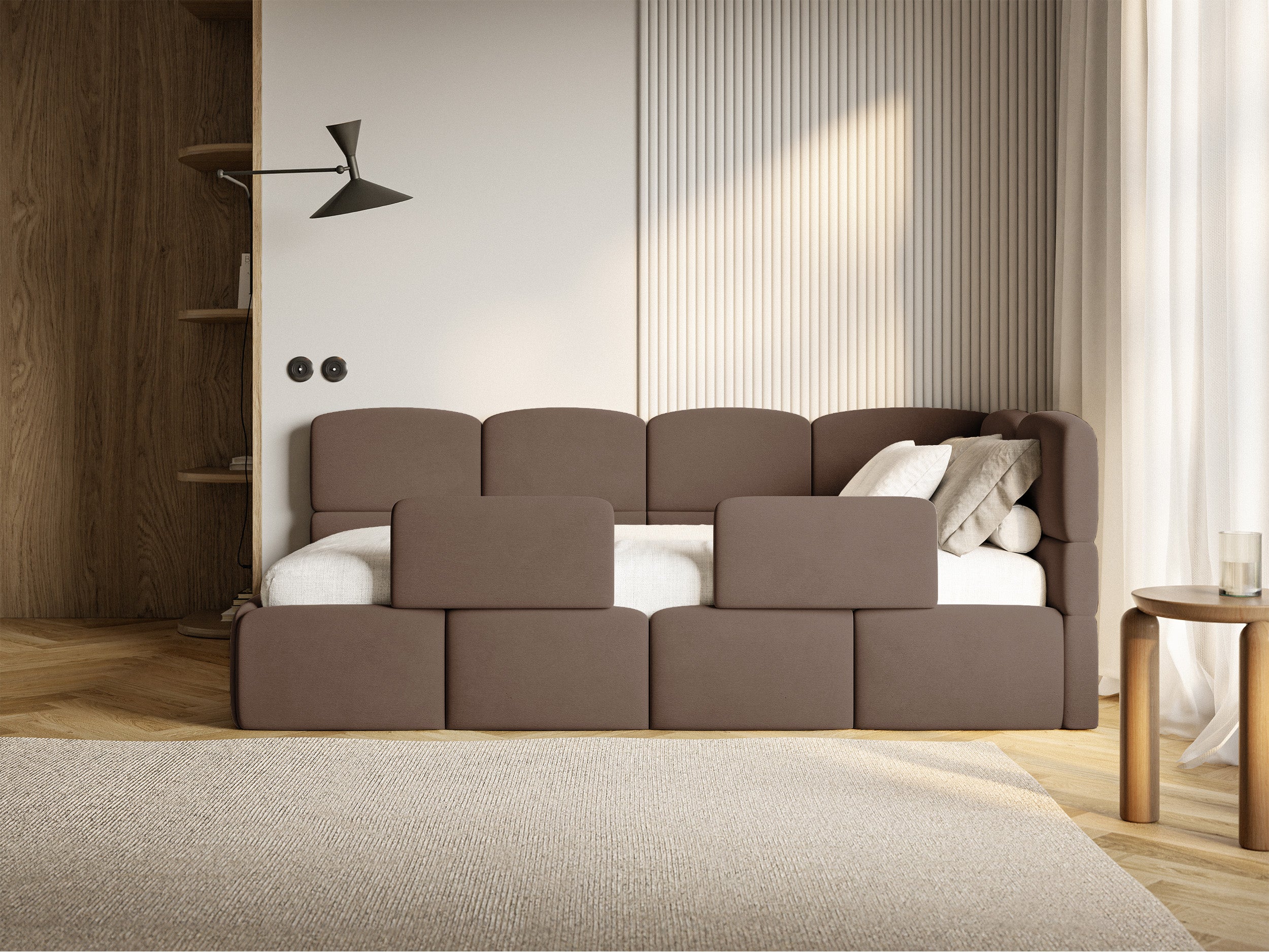 Jugendbett 90x200 cm Cloudy, rechtsseitig mit Stauraum und Geländern, brauner Velours, wasserabweisend und leicht zu reinigen