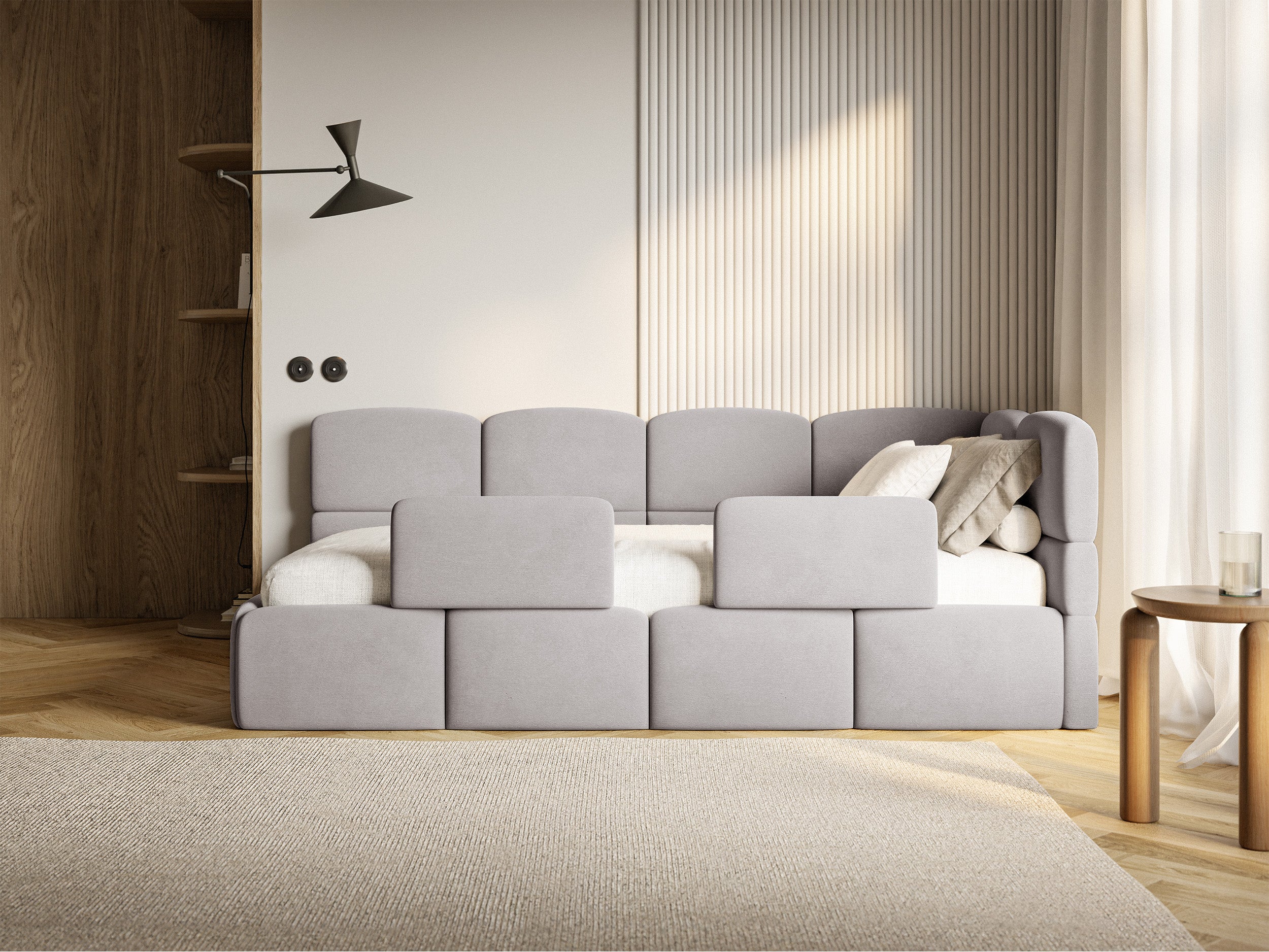 Jugendbett 90x200 cm Cloudy rechtsseitig mit Stauraum und hellgrauen, wasserabweisenden, leicht zu reinigenden Samt-Gittern
